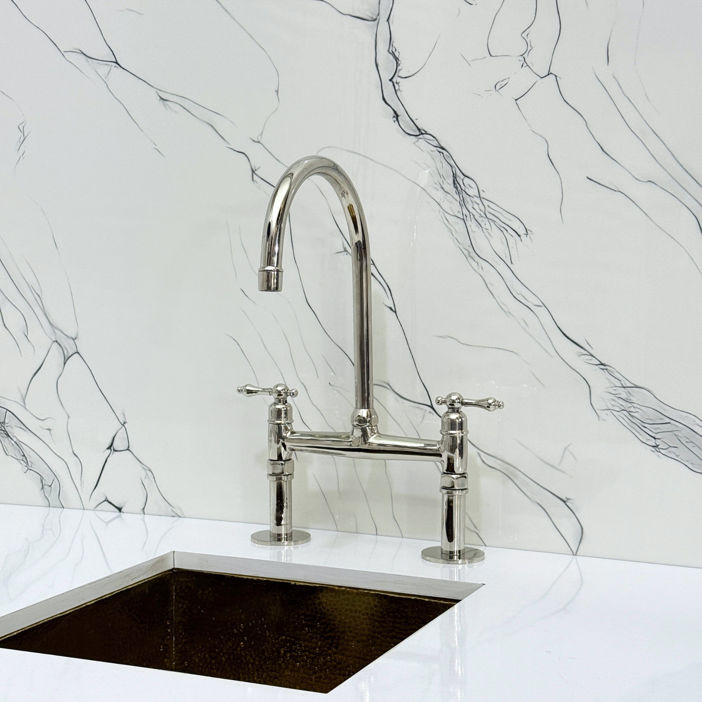 Polished Nickel Kitchen Bridge Faucet with Sprayer, Cold Water Faucet and Lever Handles