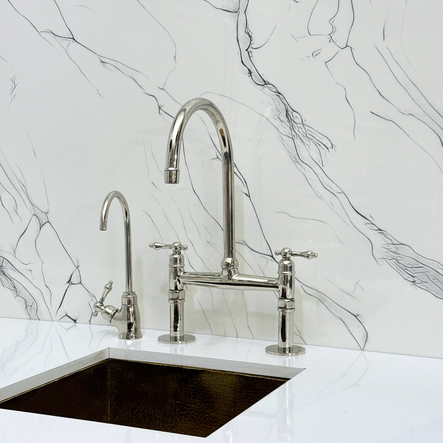 Polished Nickel Kitchen Bridge Faucet with Sprayer, Cold Water Faucet and Lever Handles