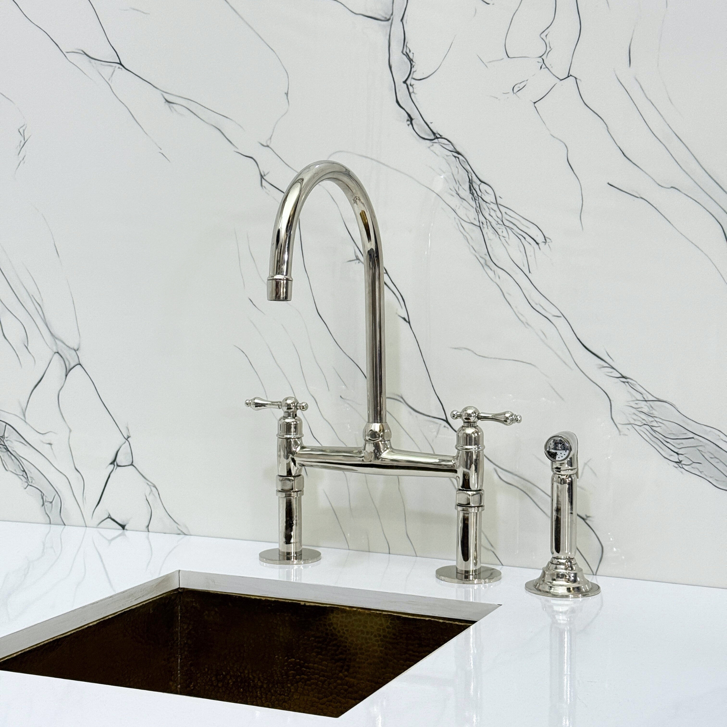 Polished Nickel Kitchen Bridge Faucet with Sprayer, Cold Water Faucet and Lever Handles