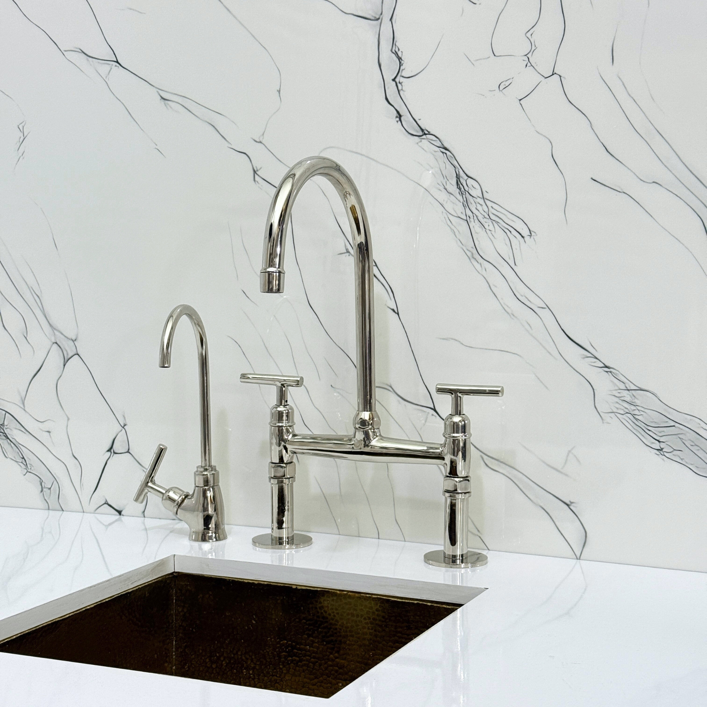 Polished Nickel Kitchen Bridge Faucet with Sprayer, Cold Water Faucet and Lever Handles