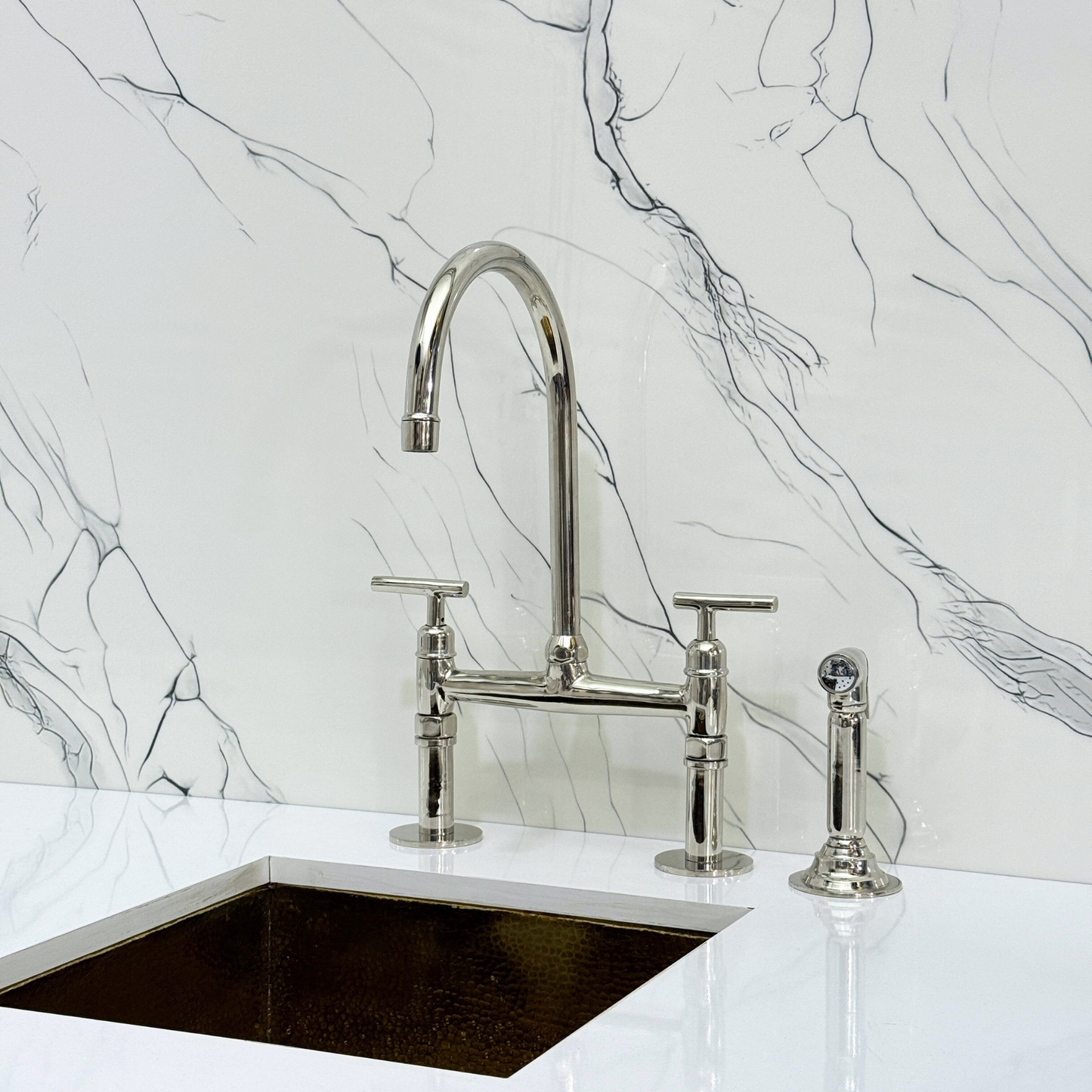 Polished Nickel Kitchen Bridge Faucet with Sprayer, Cold Water Faucet and Lever Handles