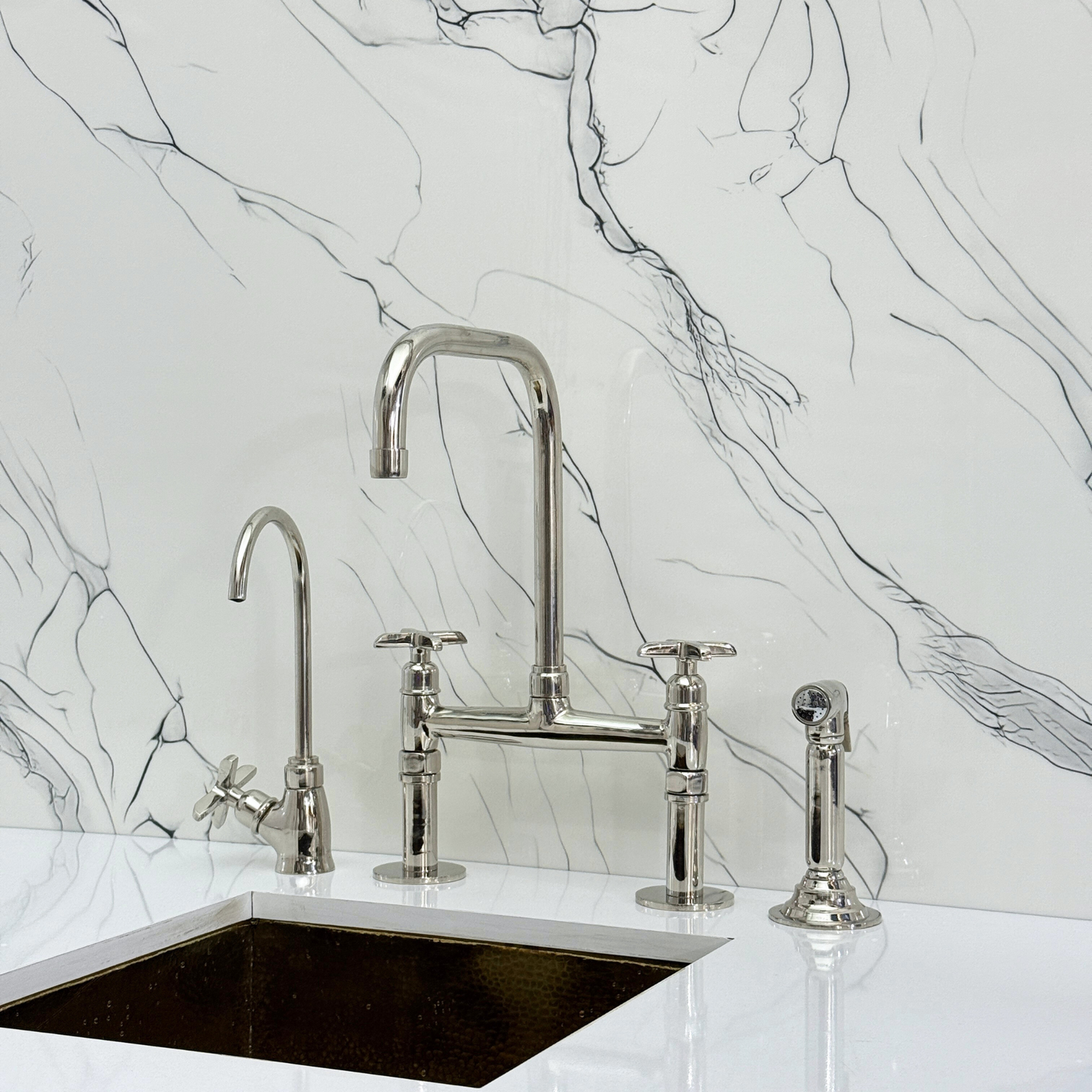Polished Nickel Classic Bridge Faucet with Sprayer, Cold Water Faucet and Cross Handles