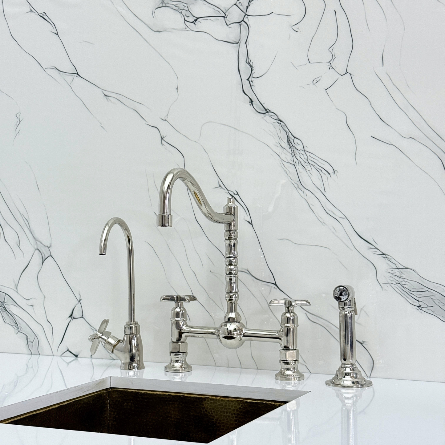 Polished Nickel Victorian Bridge Faucet with Ball Center, Sprayer, Cold Water Faucet, and Cross Handles