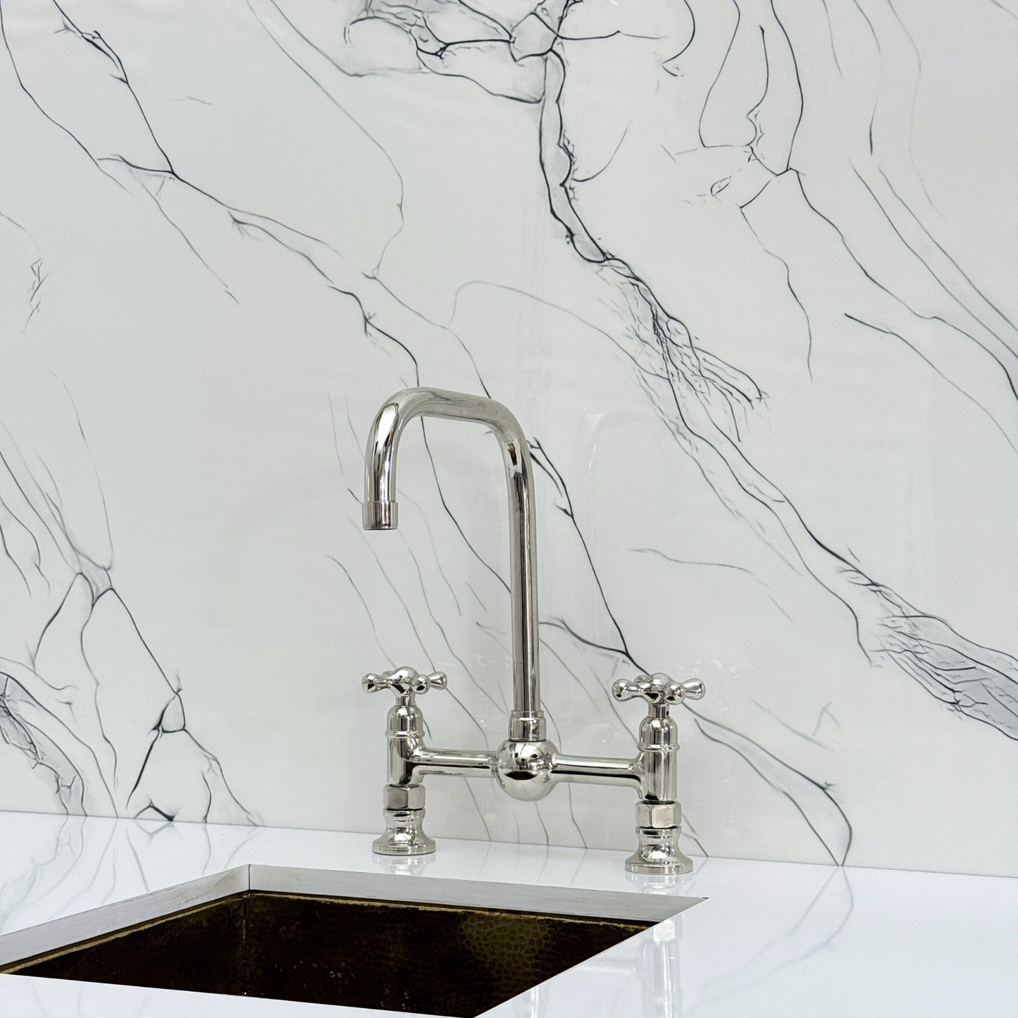 Polished Nickel Classic Bridge Faucet with Ball Center, Sprayer, Cold Water Faucet and Cross Handles