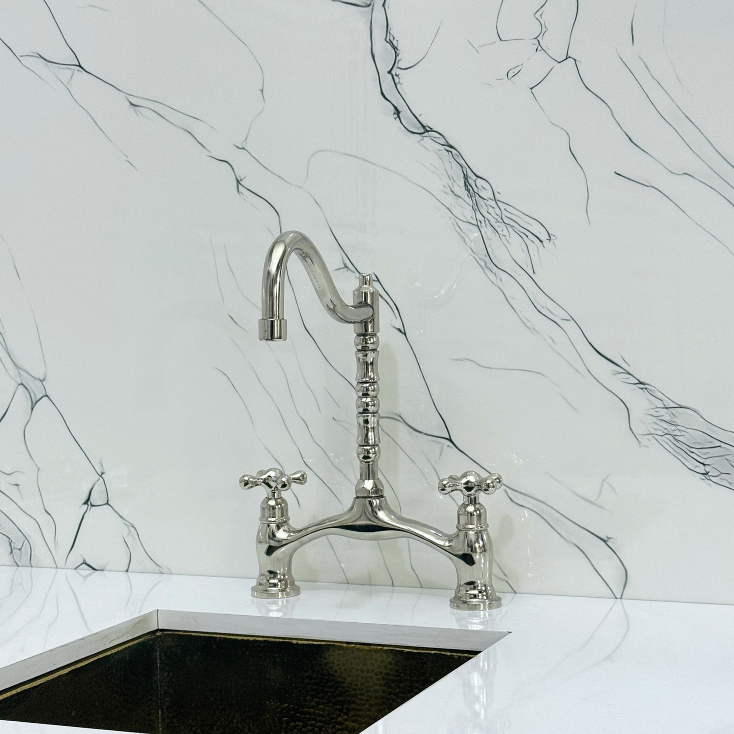 Polished Nickel Victorian Bridge Kitchen Faucet with Sprayer, Drinking Water Tap and Cross Handles