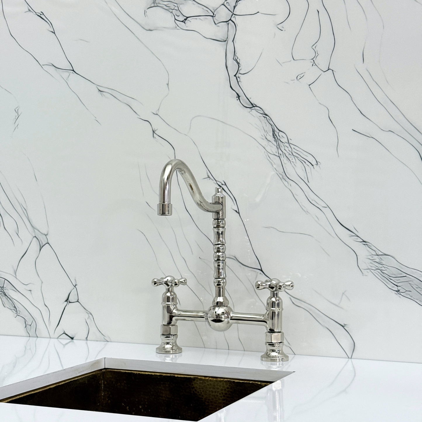 Polished Nickel Victorian Bridge Faucet with Ball Center, Sprayer, Cold Water Faucet, and Cross Handles