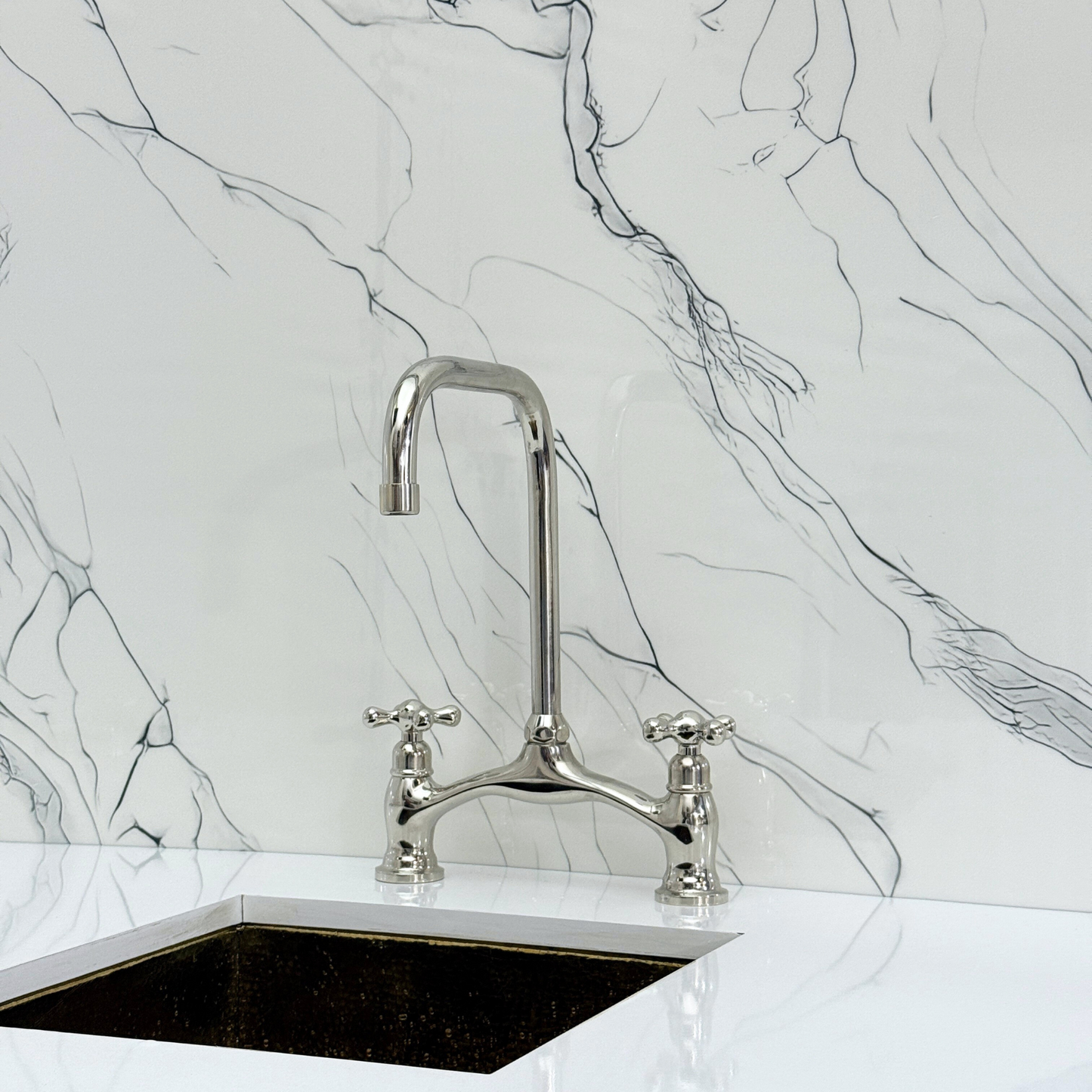 Polished Nickel Vintage Bridge Kitchen Faucet with Sprayer, Drinking Water Tap and Cross Handles
