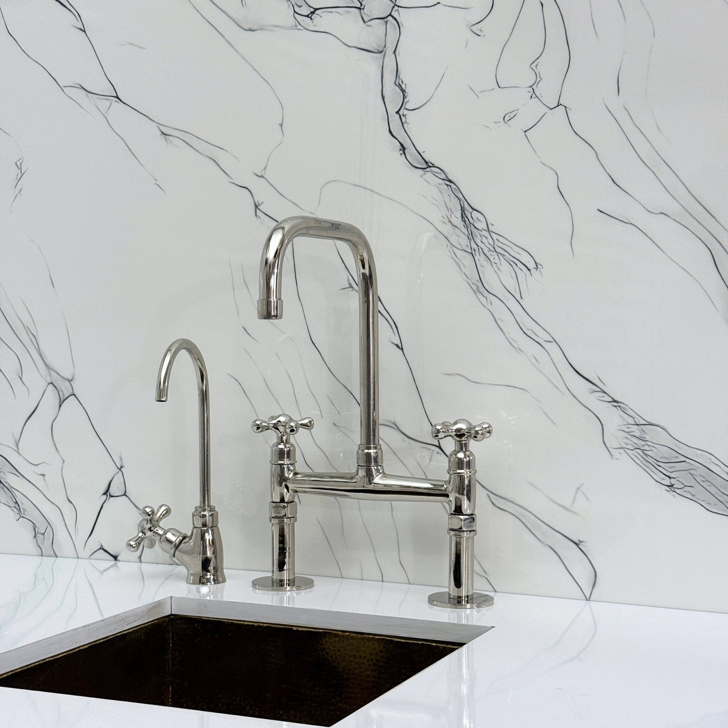 Polished Nickel Classic Bridge Faucet with Sprayer, Cold Water Faucet and Cross Handles