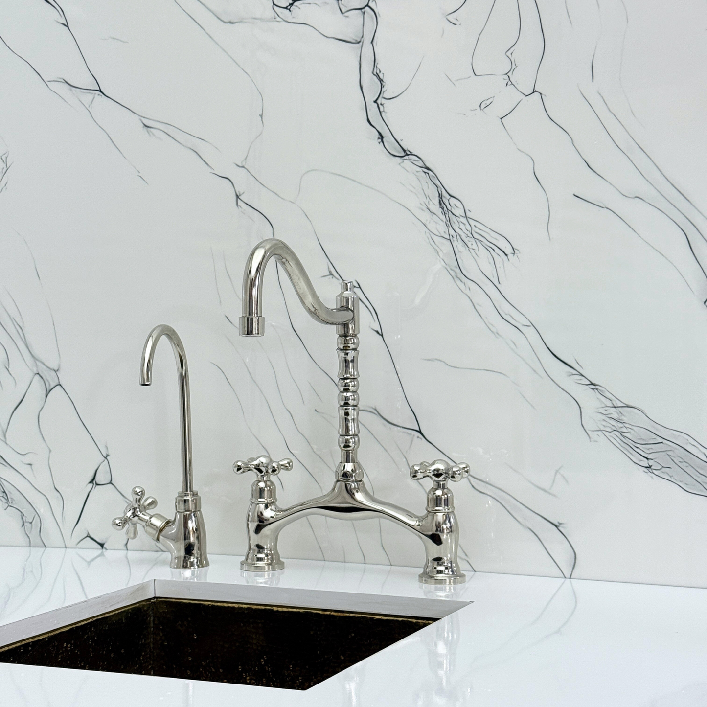 Polished Nickel Victorian Bridge Kitchen Faucet with Sprayer, Drinking Water Tap and Cross Handles