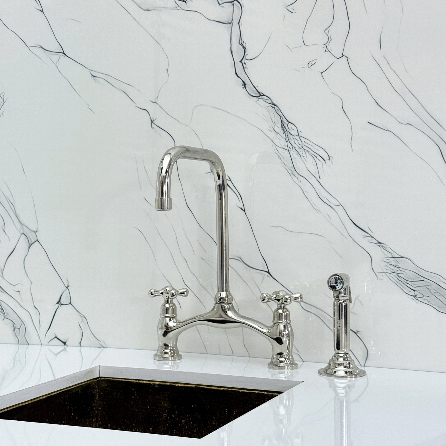 Polished Nickel Vintage Bridge Kitchen Faucet with Sprayer, Drinking Water Tap and Cross Handles