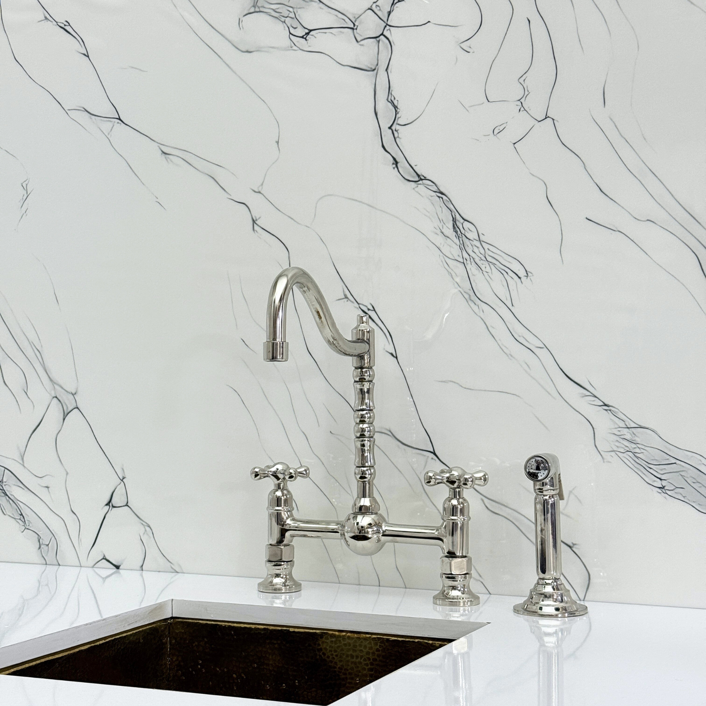 Polished Nickel Victorian Bridge Faucet with Ball Center, Sprayer, Cold Water Faucet, and Cross Handles