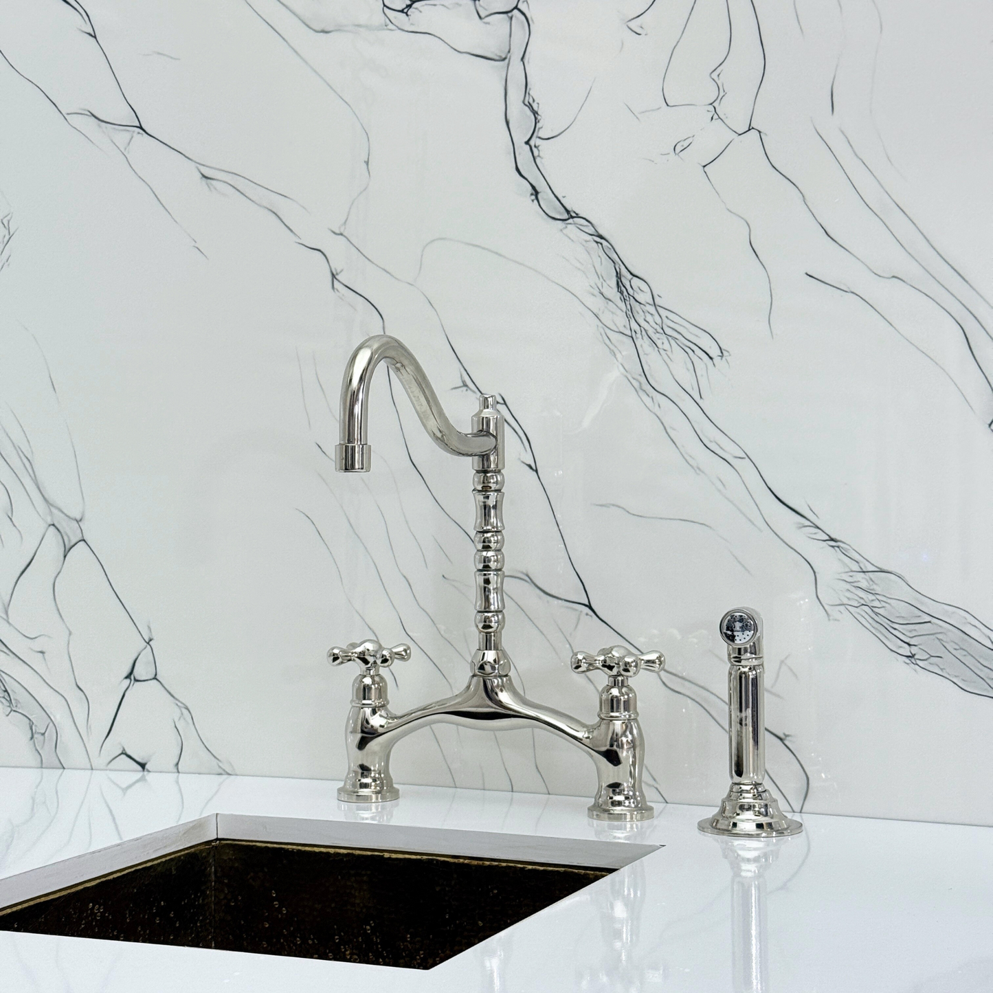 Polished Nickel Victorian Bridge Kitchen Faucet with Sprayer, Drinking Water Tap and Cross Handles