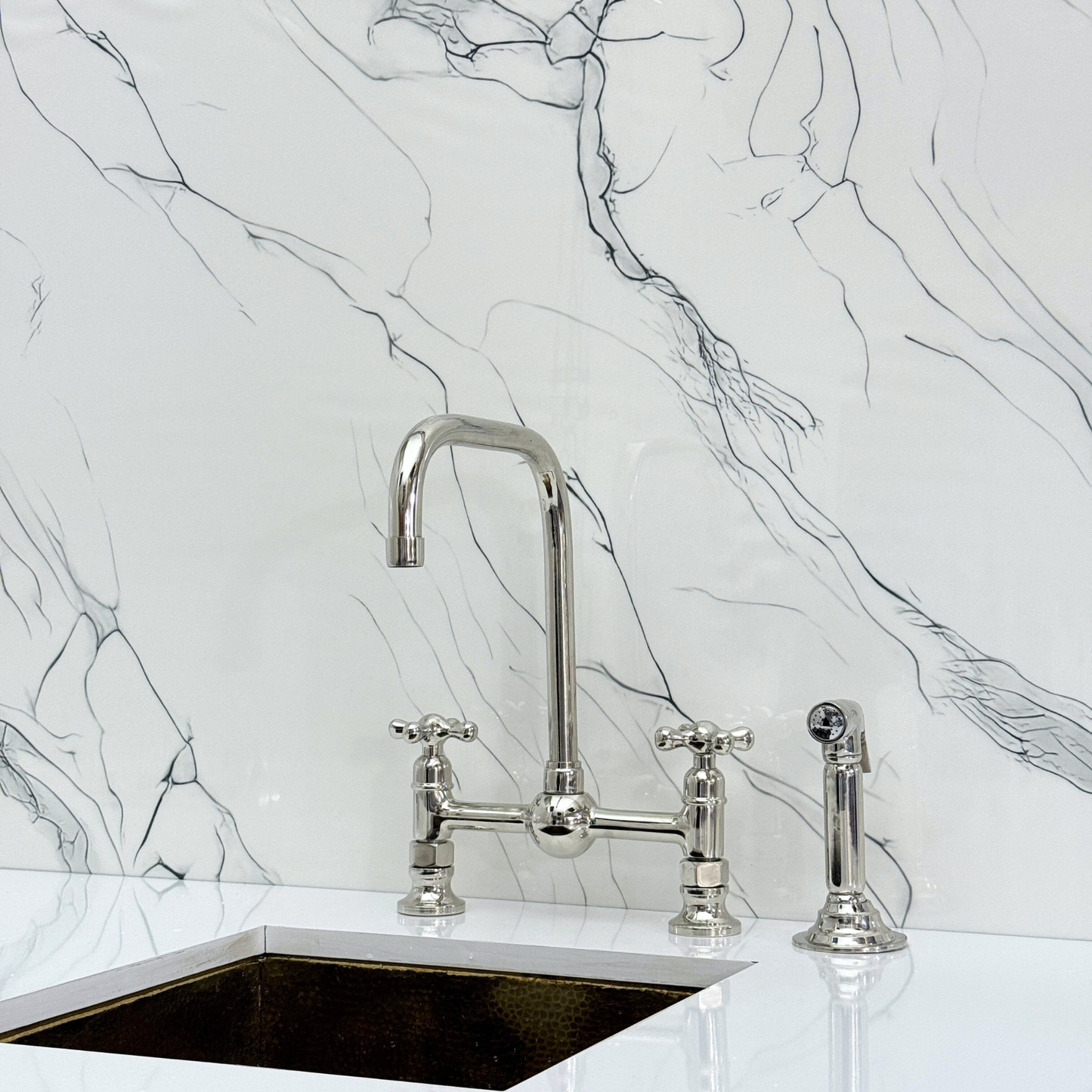Polished Nickel Classic Bridge Faucet with Ball Center, Sprayer, Cold Water Faucet and Cross Handles