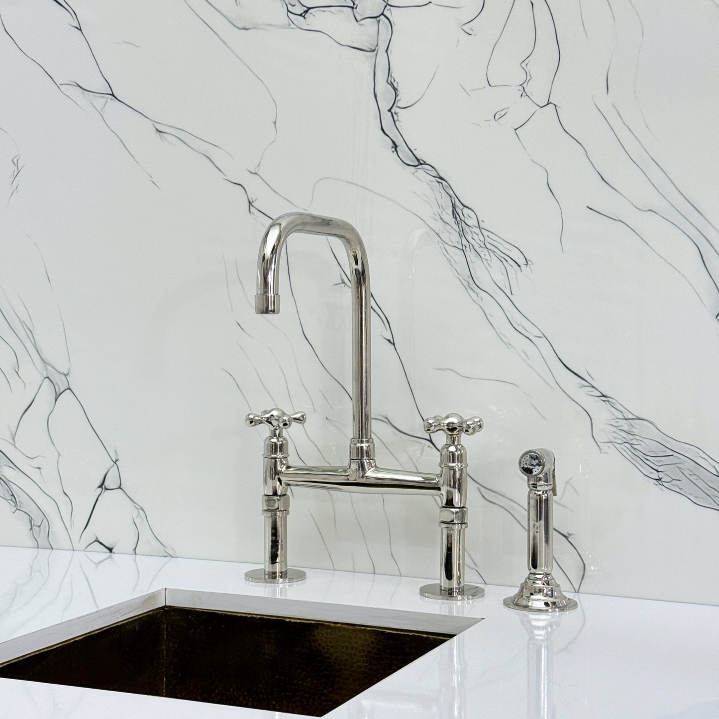 Polished Nickel Classic Bridge Faucet with Sprayer, Cold Water Faucet and Cross Handles