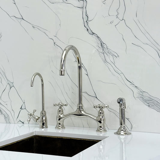 Polished Nickel Kitchen Bridge Faucet with Drinking Water Tap, Sprayer, and Cross Handles