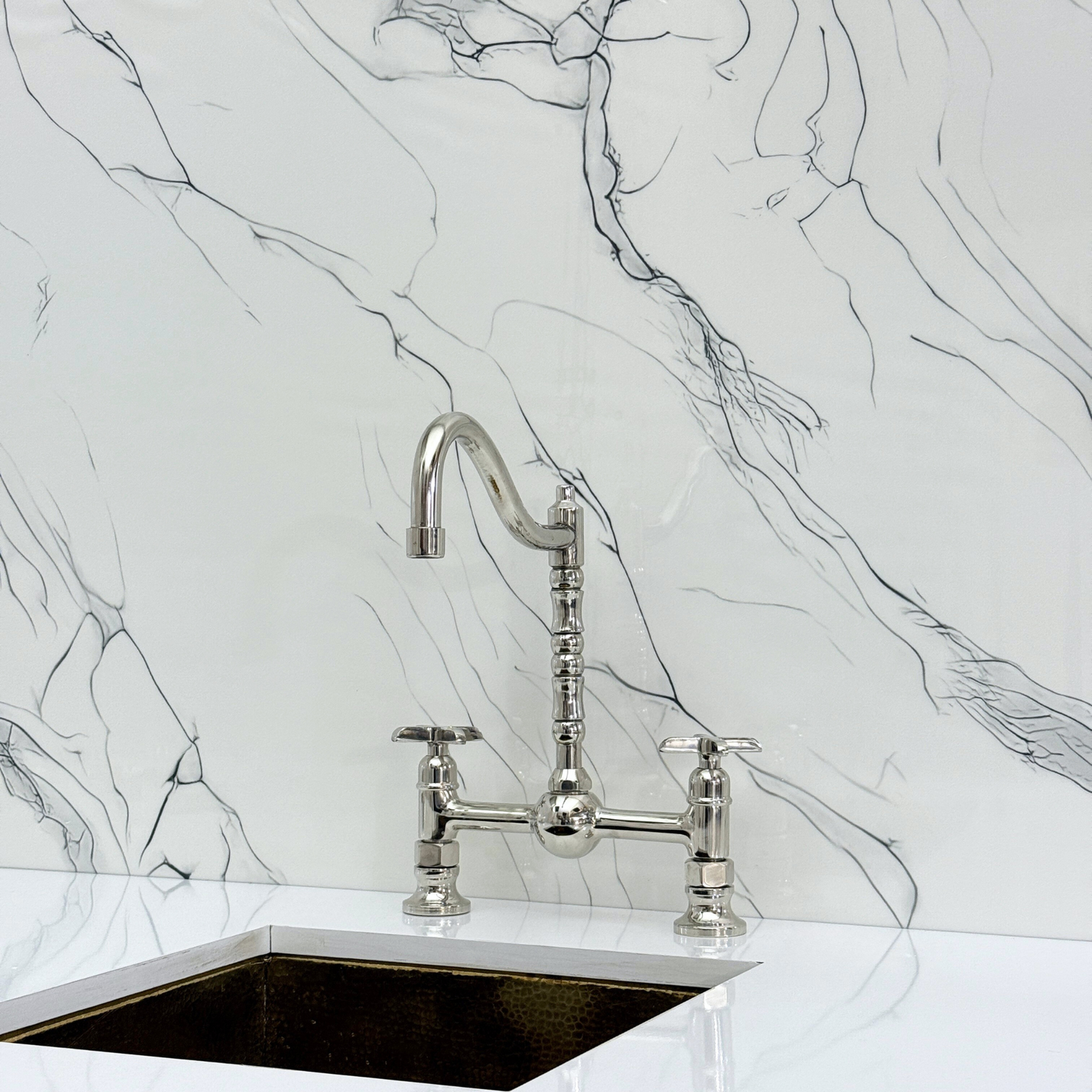 Polished Nickel Victorian Bridge Faucet with Ball Center, Sprayer, Cold Water Faucet, and Cross Handles