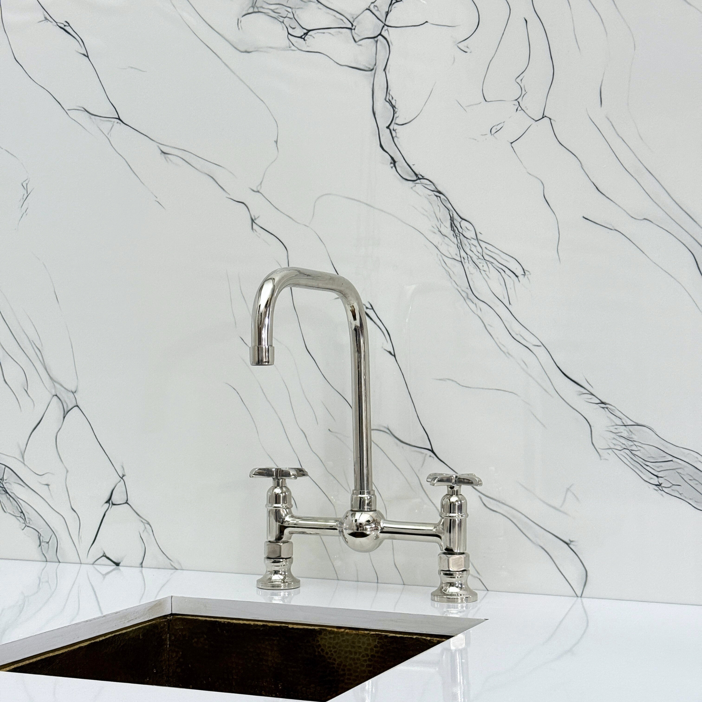 Polished Nickel Classic Bridge Faucet with Ball Center, Sprayer, Cold Water Faucet and Cross Handles