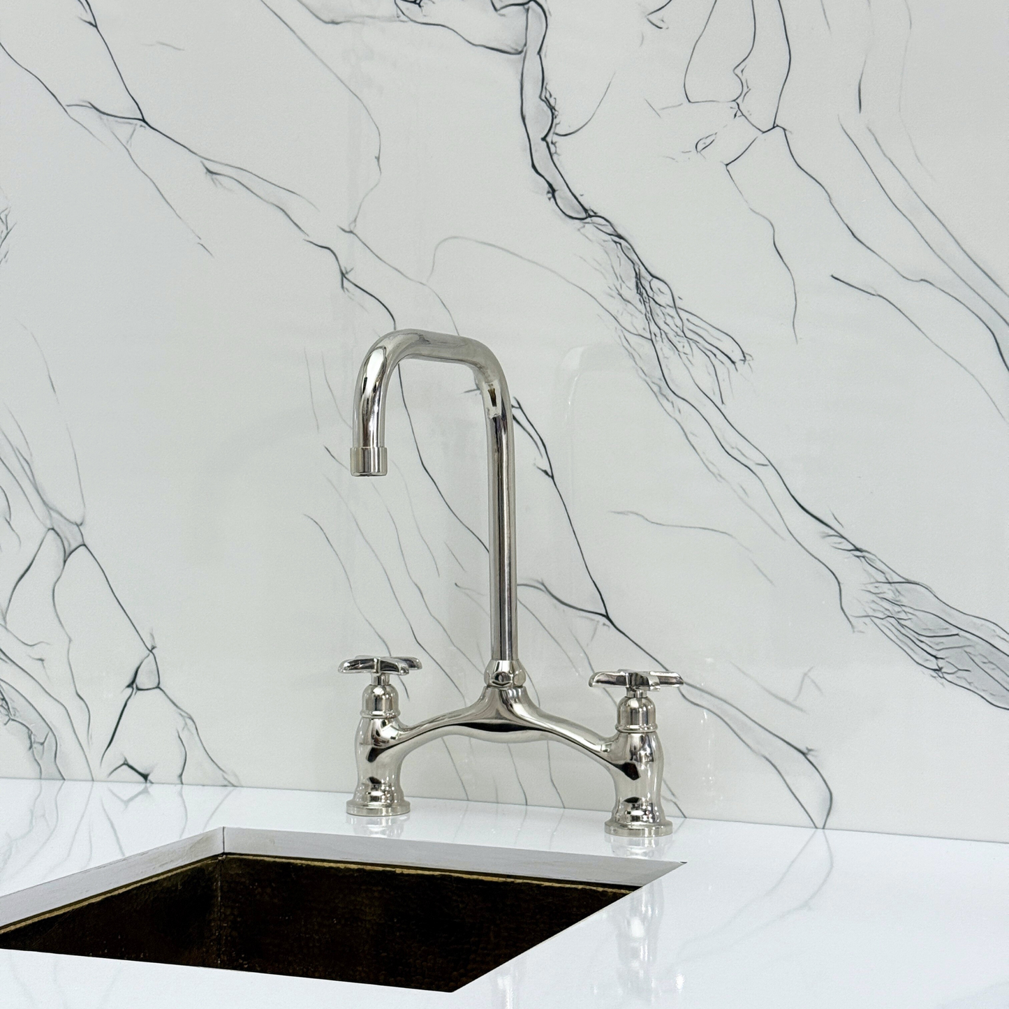 Polished Nickel Vintage Bridge Kitchen Faucet with Sprayer, Drinking Water Tap and Cross Handles