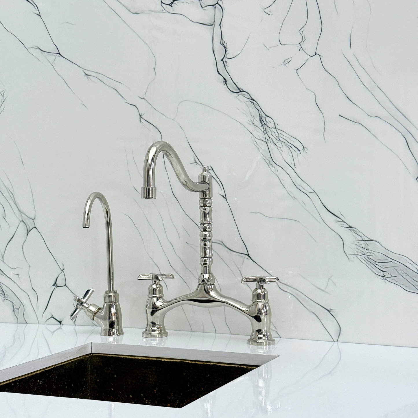 Polished Nickel Victorian Bridge Kitchen Faucet with Sprayer, Drinking Water Tap and Cross Handles
