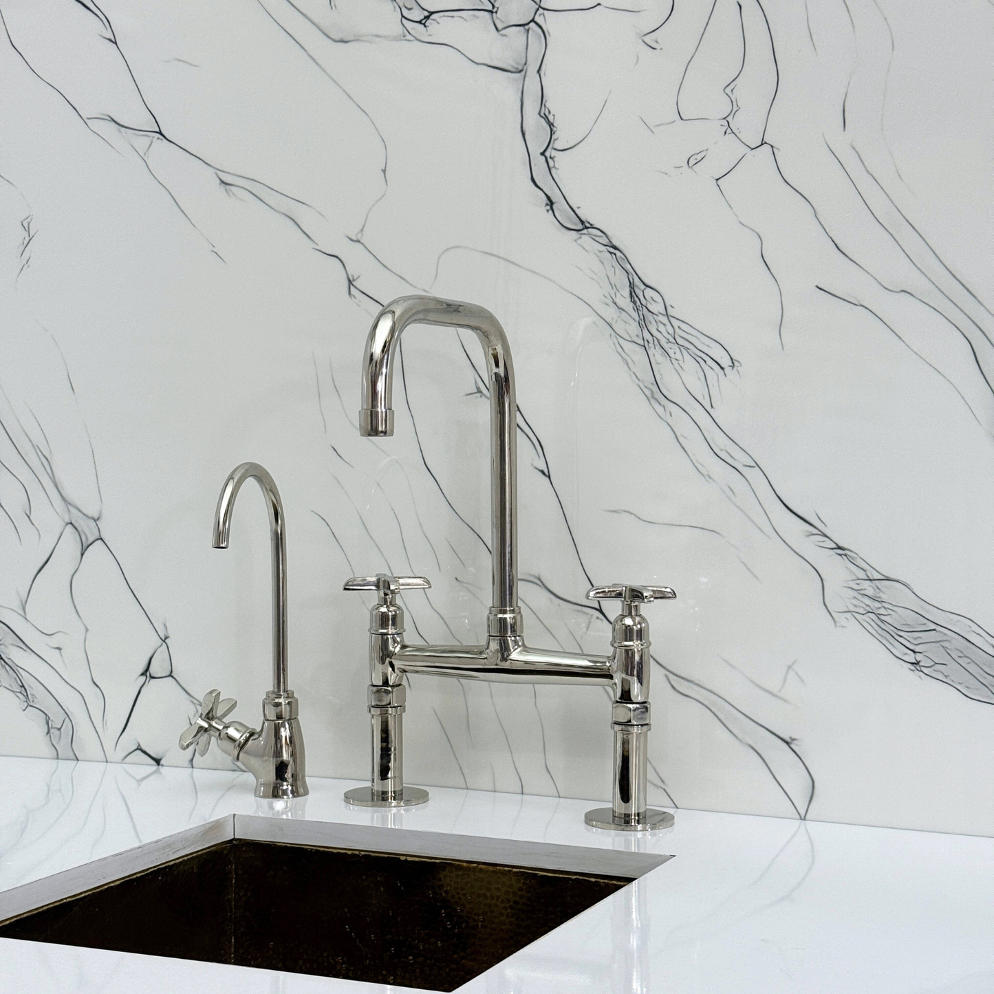 Polished Nickel Classic Bridge Faucet with Sprayer, Cold Water Faucet and Cross Handles