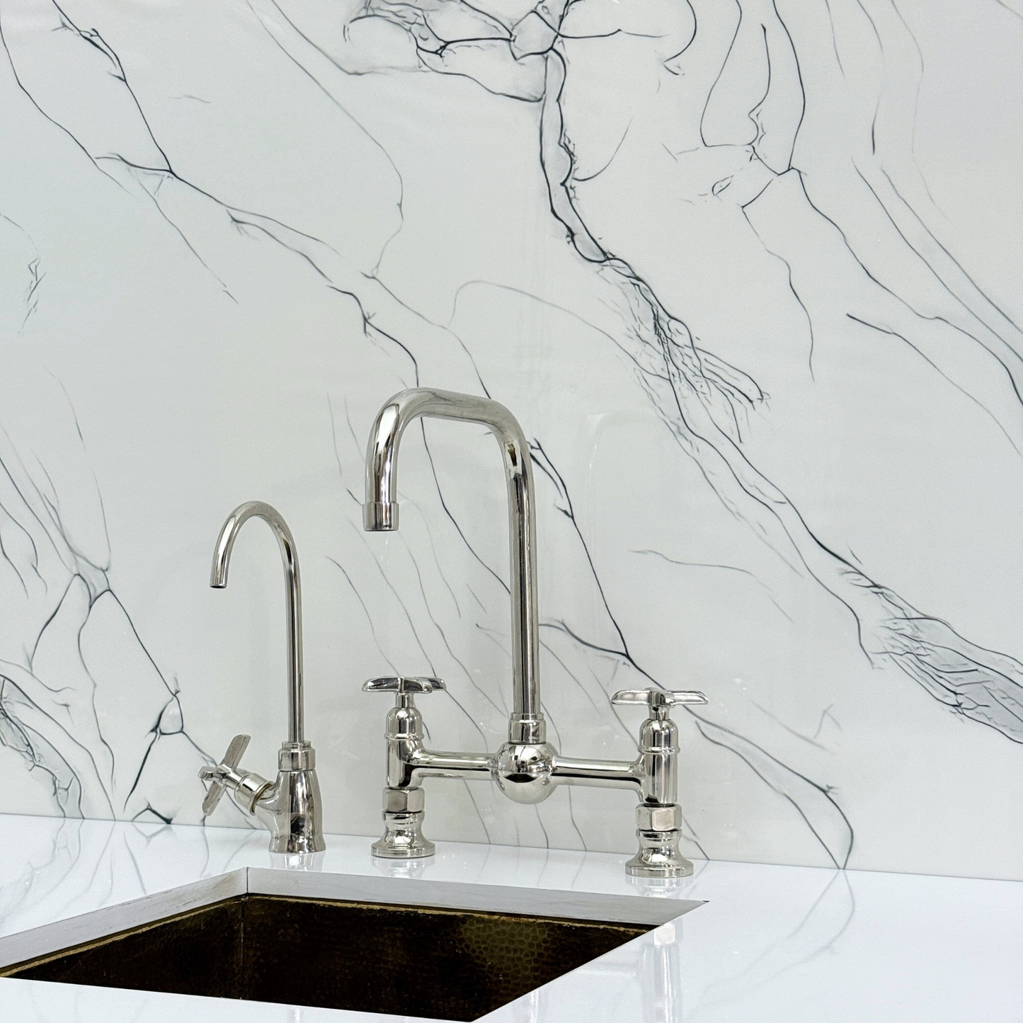 Polished Nickel Classic Bridge Faucet with Ball Center, Sprayer, Cold Water Faucet and Cross Handles