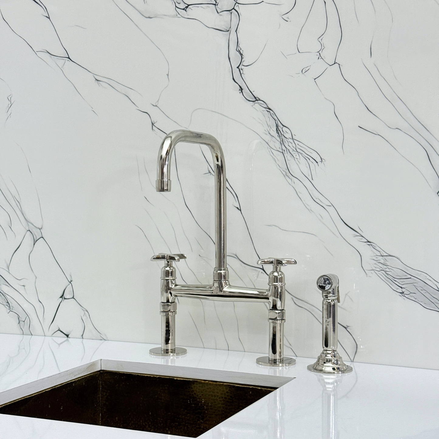 Polished Nickel Classic Bridge Faucet with Sprayer, Cold Water Faucet and Cross Handles