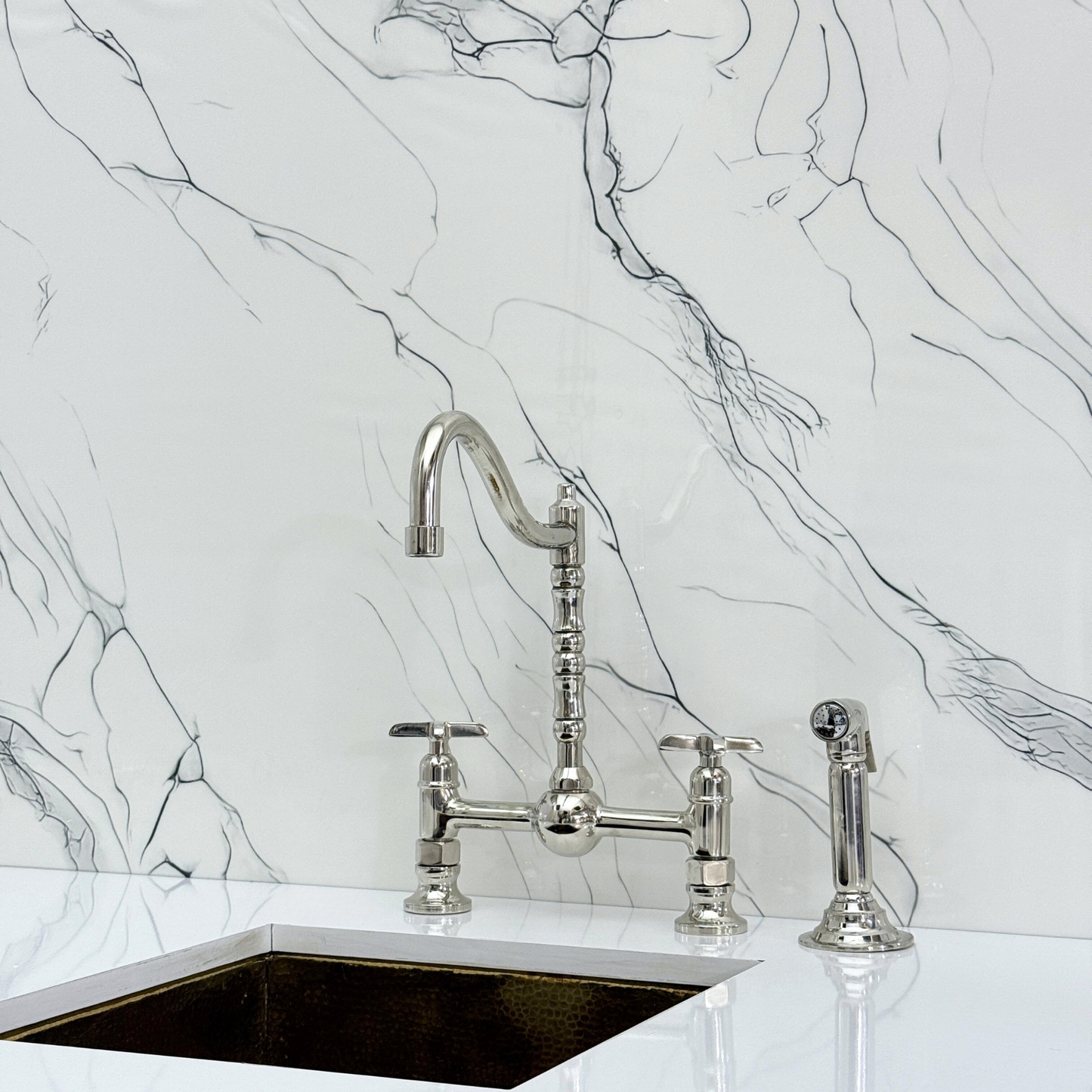 Polished Nickel Victorian Bridge Faucet with Ball Center, Sprayer, Cold Water Faucet, and Cross Handles