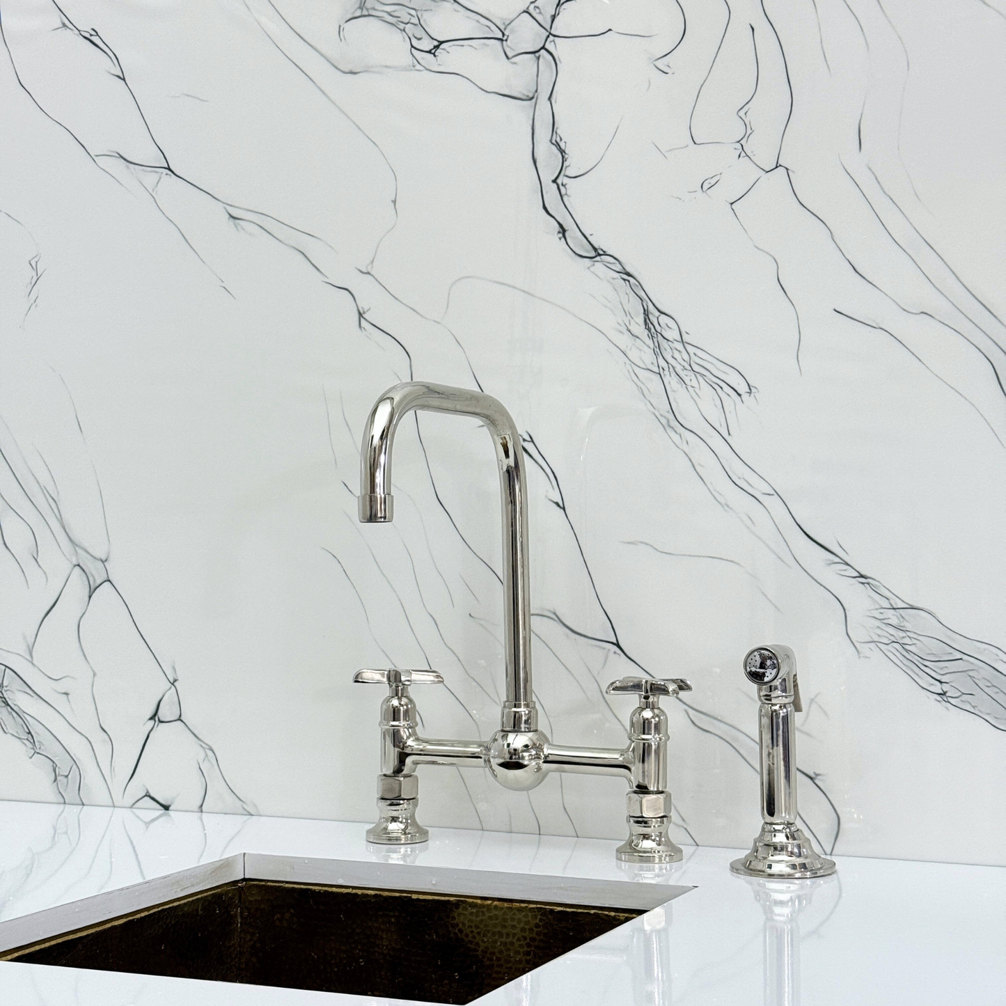 Polished Nickel Classic Bridge Faucet with Ball Center, Sprayer, Cold Water Faucet and Cross Handles