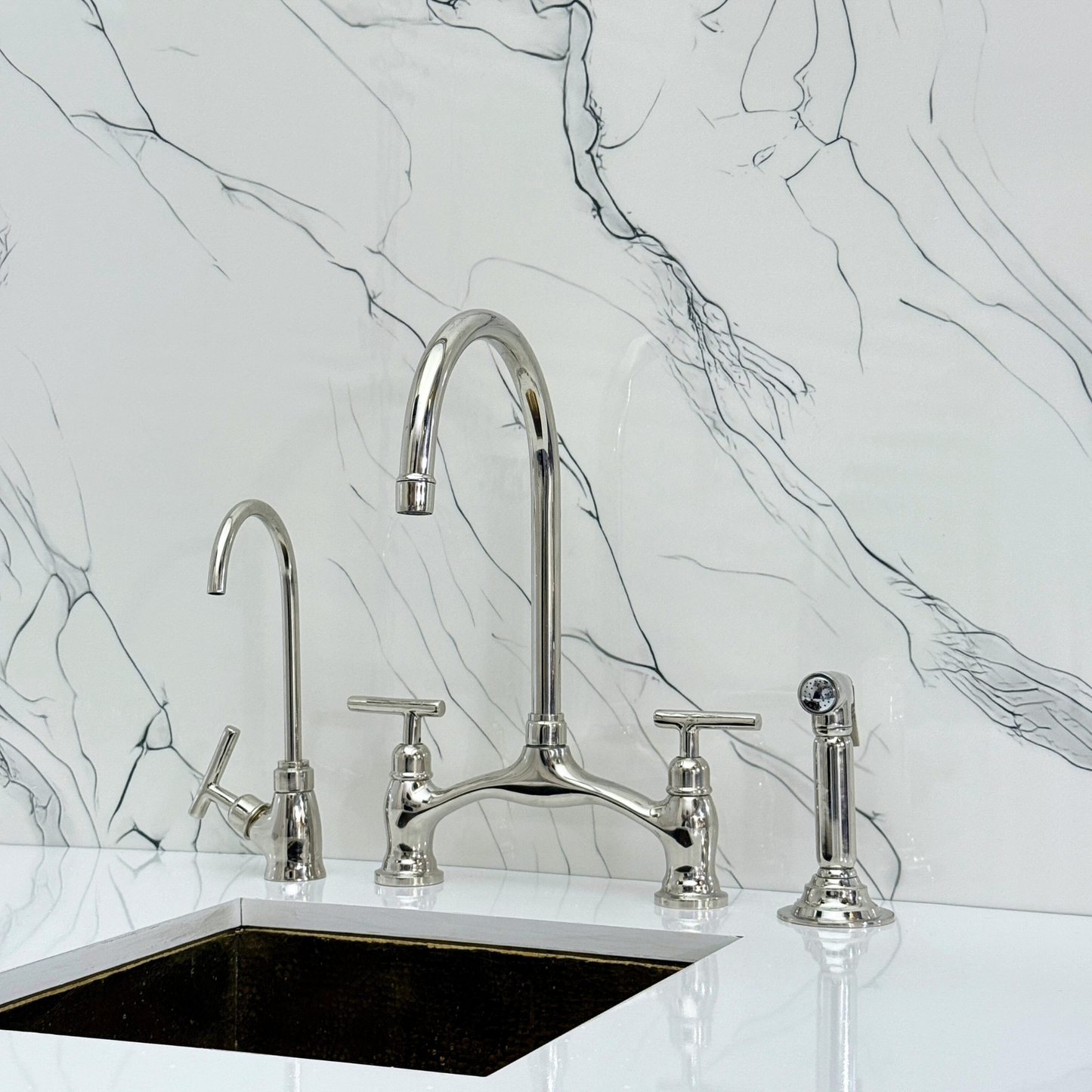 Polished Nickel Kitchen Bridge Faucet with Drinking Water Tap, Sprayer, and Lever Handles