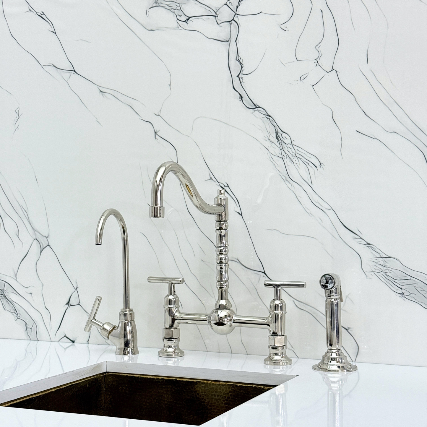 Polished Nickel Victorian Bridge Faucet with Ball Center, Sprayer, Cold Water Faucet, and Lever Handles