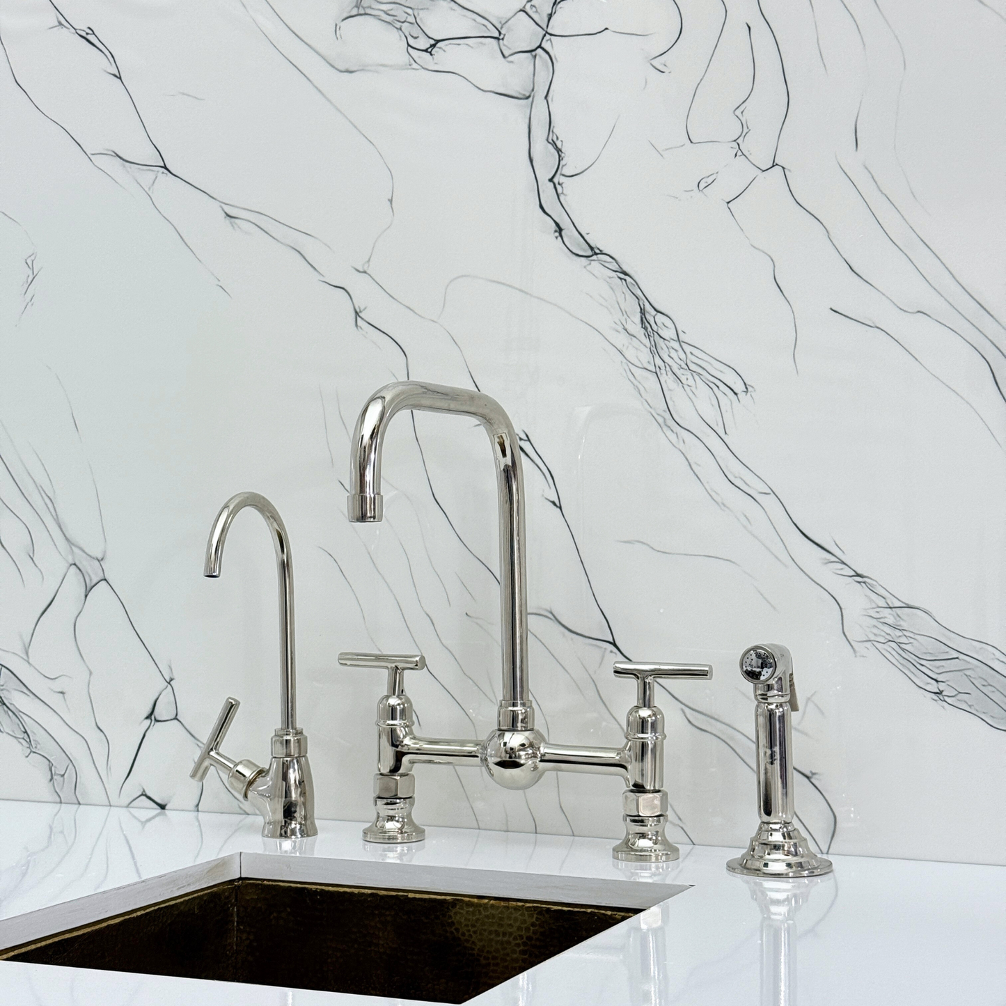 Polished Nickel Classic Bridge Faucet with Ball Center, Sprayer, Cold Water Faucet and Lever Handles