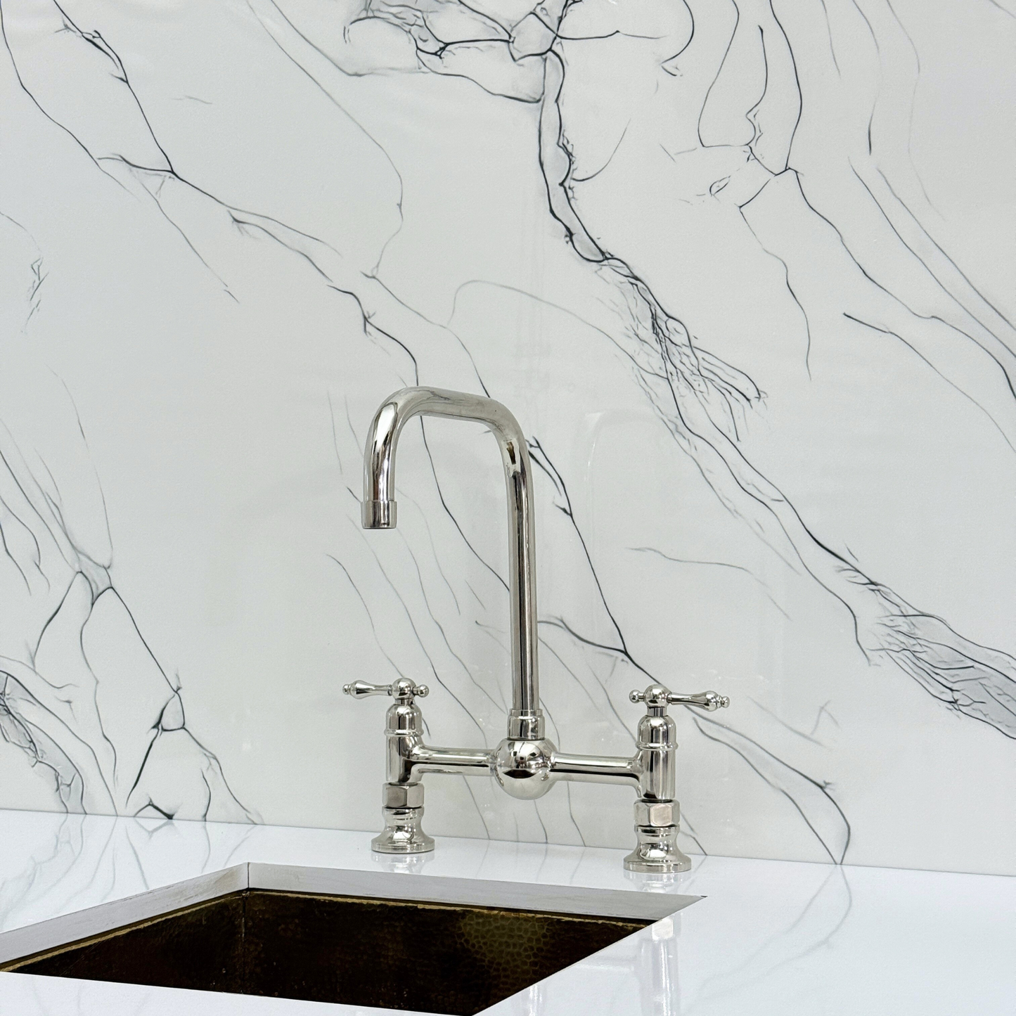 Polished Nickel Classic Bridge Faucet with Ball Center, Sprayer, Cold Water Faucet and Lever Handles