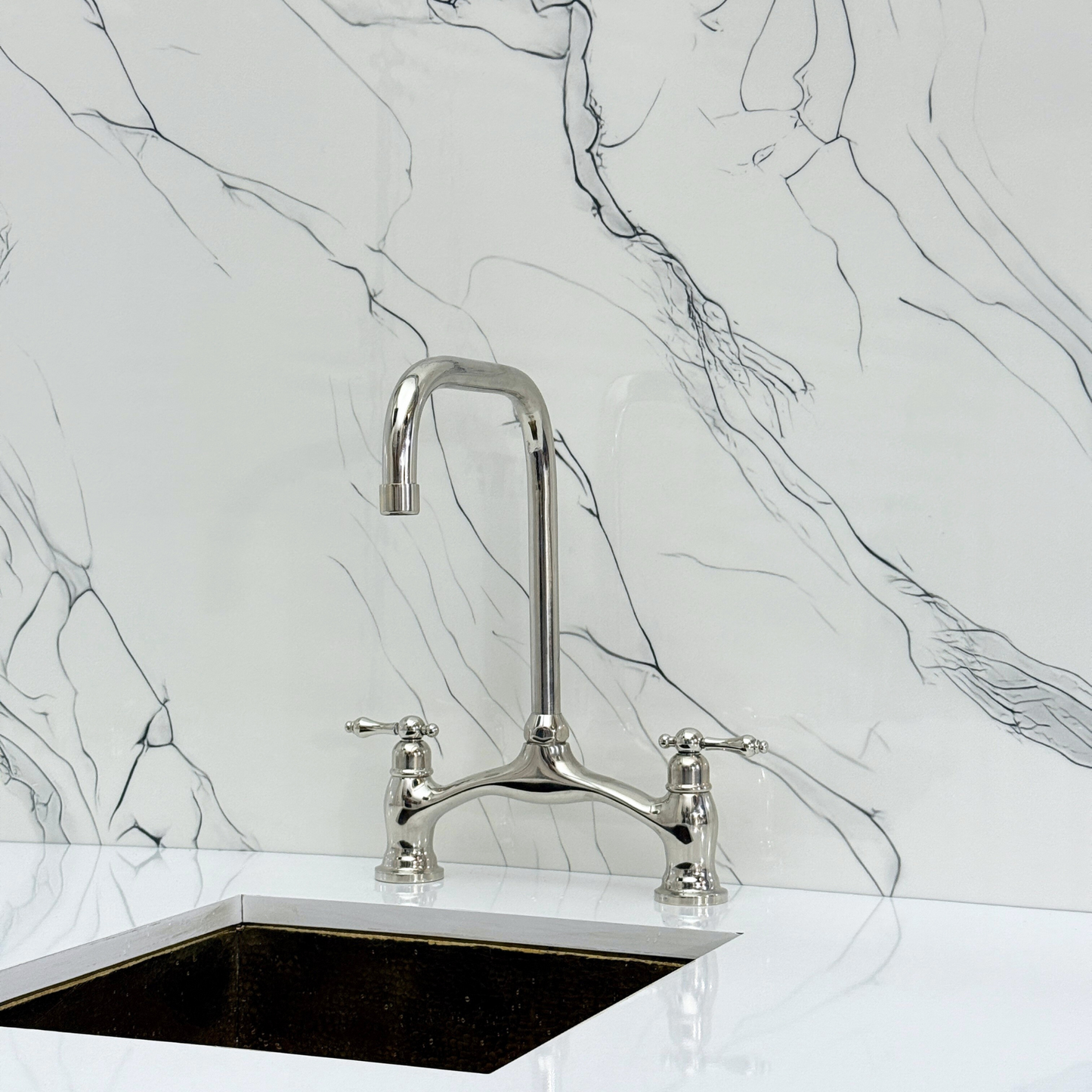 Polished Nickel Vintage Bridge Kitchen Faucet with Sprayer, Drinking Water Tap and Lever Handles