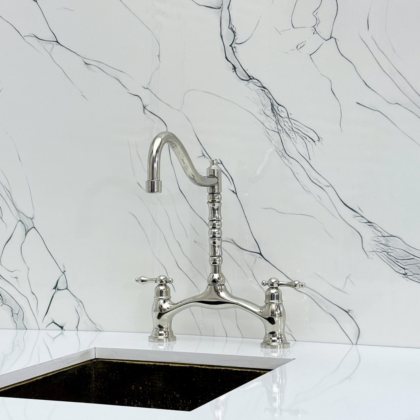Polished Nickel Victorian Bridge Kitchen Faucet with Sprayer, Drinking Water Tap and Lever Handles