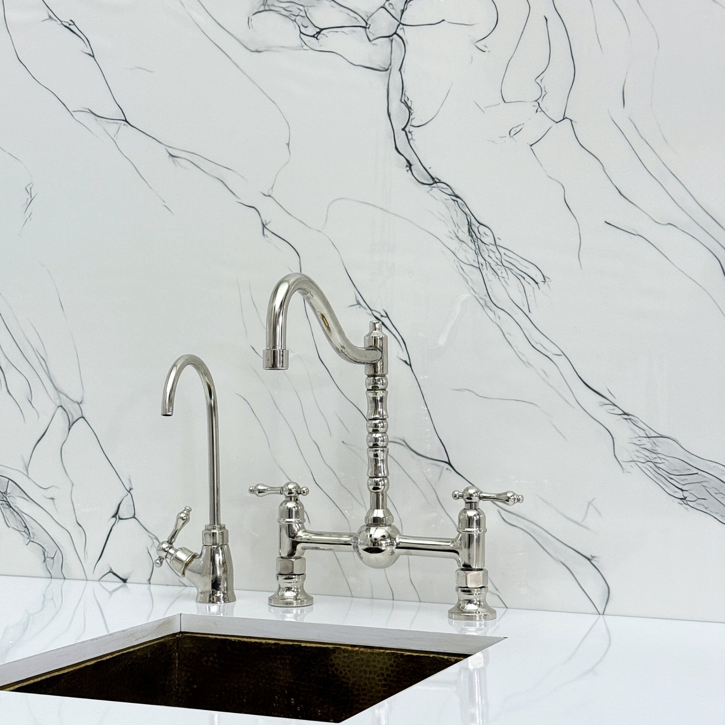 Polished Nickel Victorian Bridge Faucet with Ball Center, Sprayer, Cold Water Faucet, and Lever Handles