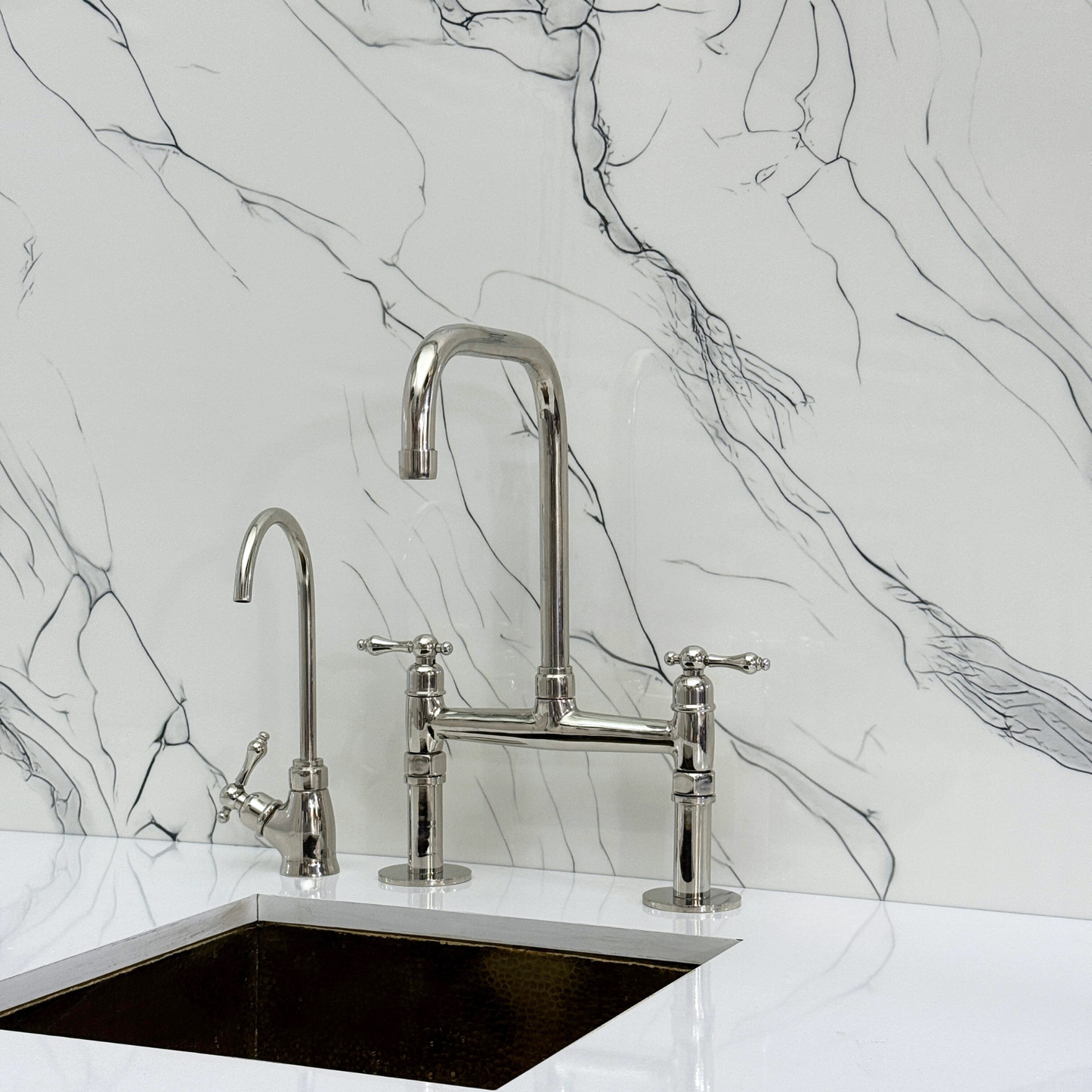 Polished Nickel Classic Bridge Faucet with Sprayer, Cold Water Faucet and Lever Handles