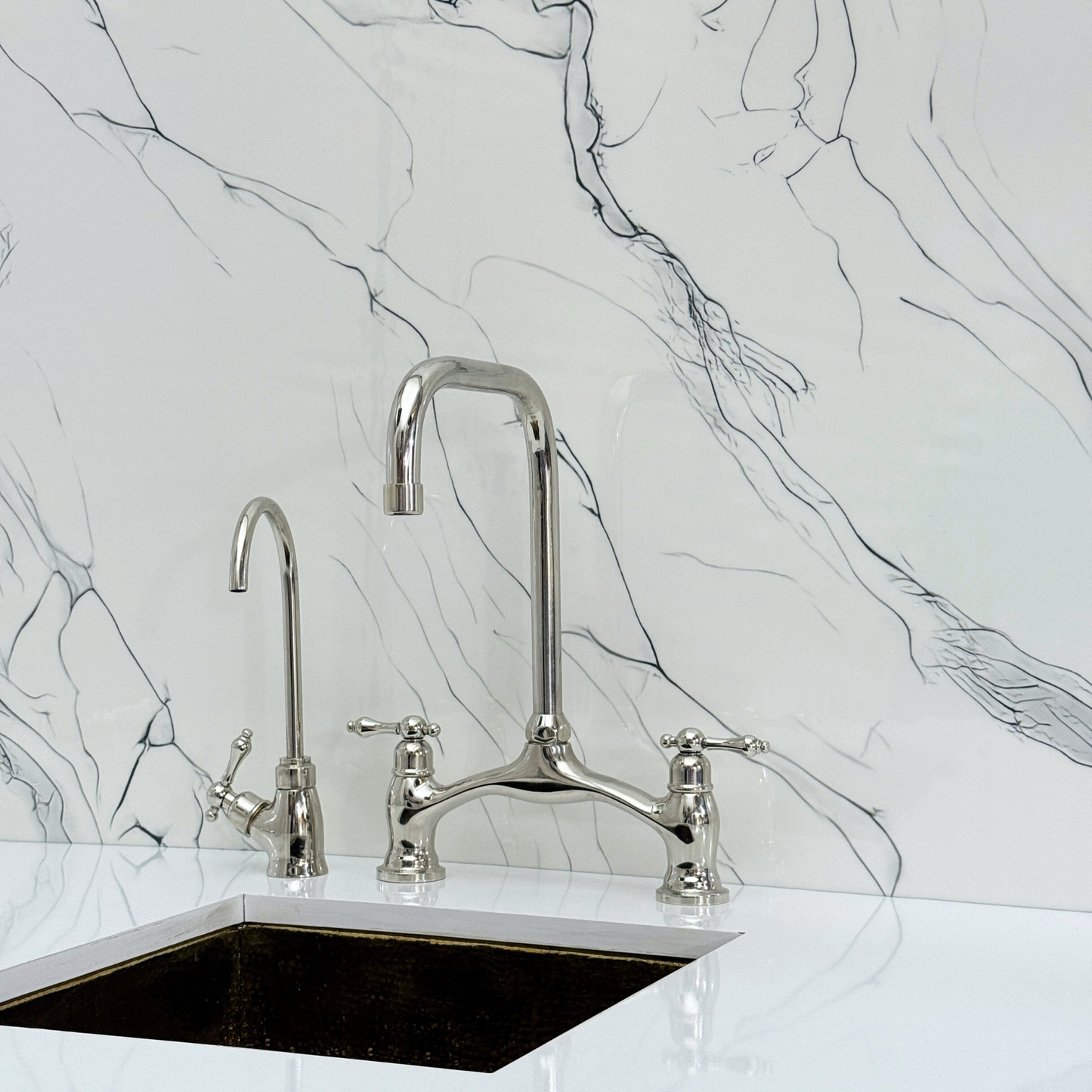 Polished Nickel Vintage Bridge Kitchen Faucet with Sprayer, Drinking Water Tap and Lever Handles