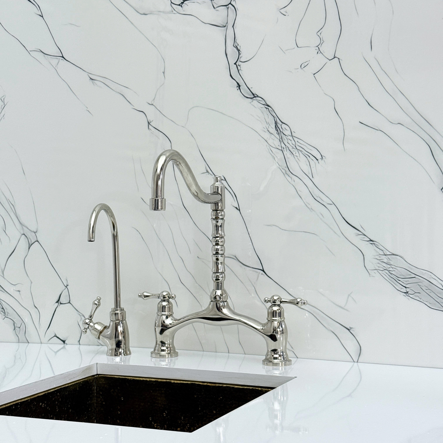 Polished Nickel Victorian Bridge Kitchen Faucet with Sprayer, Drinking Water Tap and Lever Handles