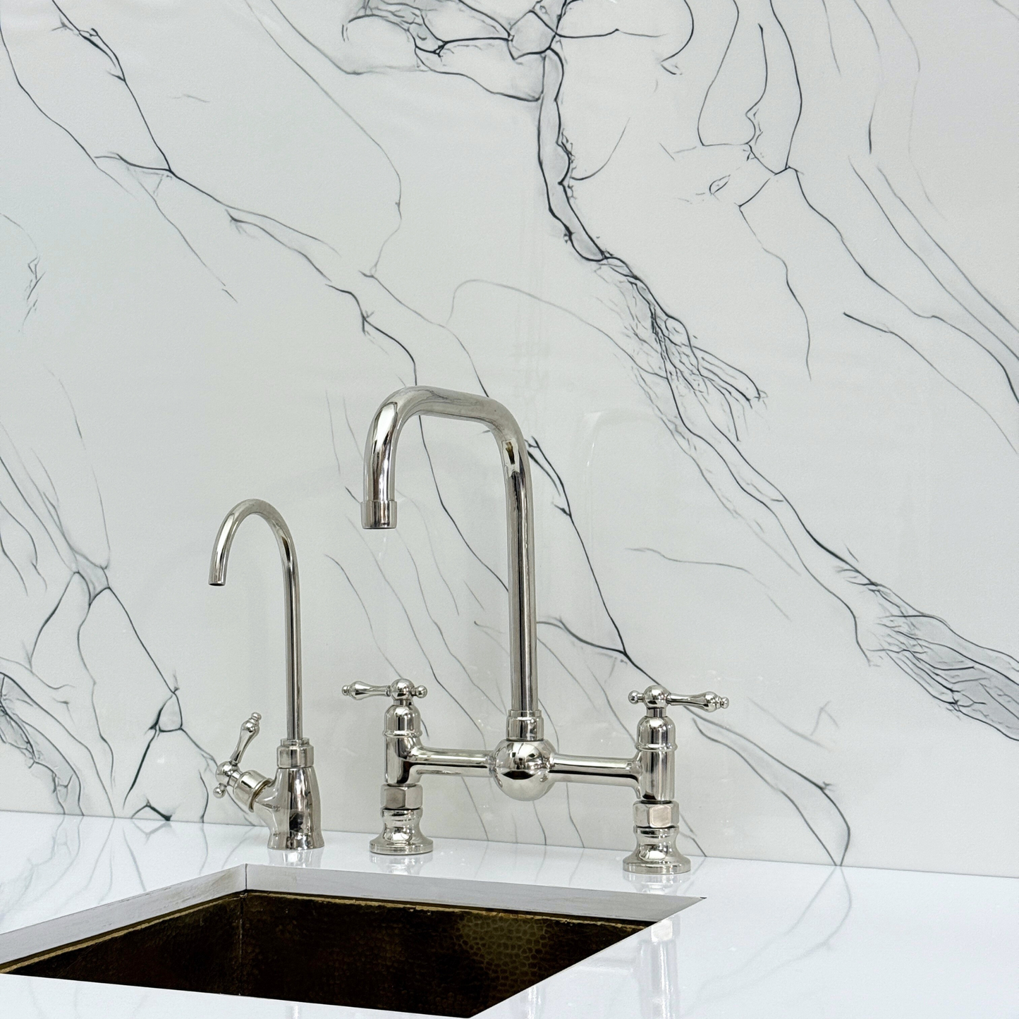 Polished Nickel Classic Bridge Faucet with Ball Center, Sprayer, Cold Water Faucet and Lever Handles