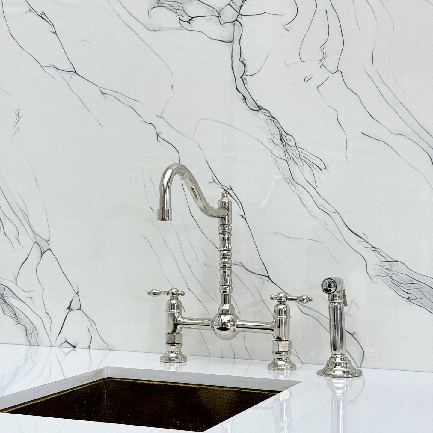 Polished Nickel Victorian Bridge Faucet with Ball Center, Sprayer, Cold Water Faucet, and Lever Handles