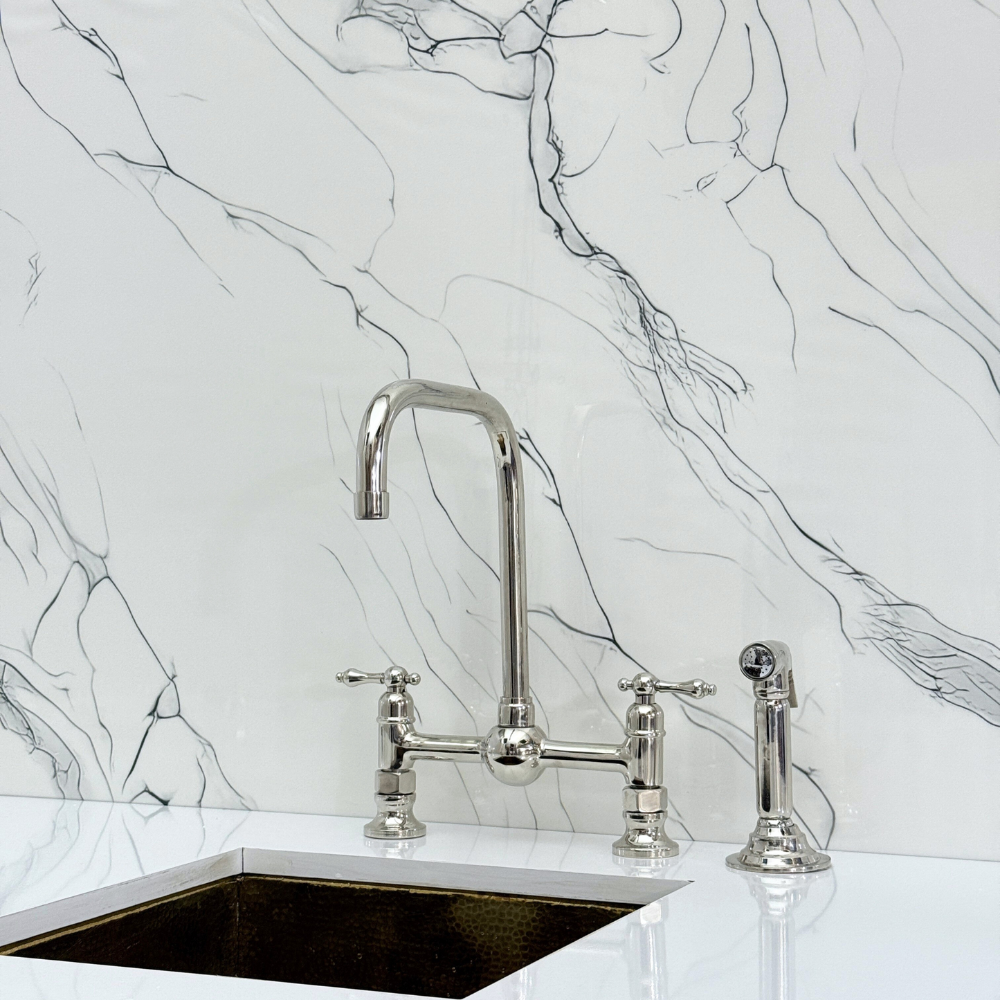 Polished Nickel Classic Bridge Faucet with Ball Center, Sprayer, Cold Water Faucet and Lever Handles