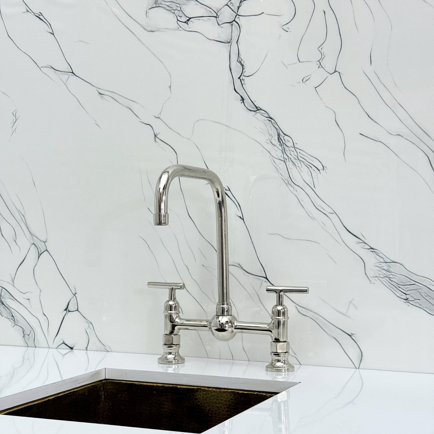 Polished Nickel Classic Bridge Faucet with Ball Center, Sprayer, Cold Water Faucet and Lever Handles