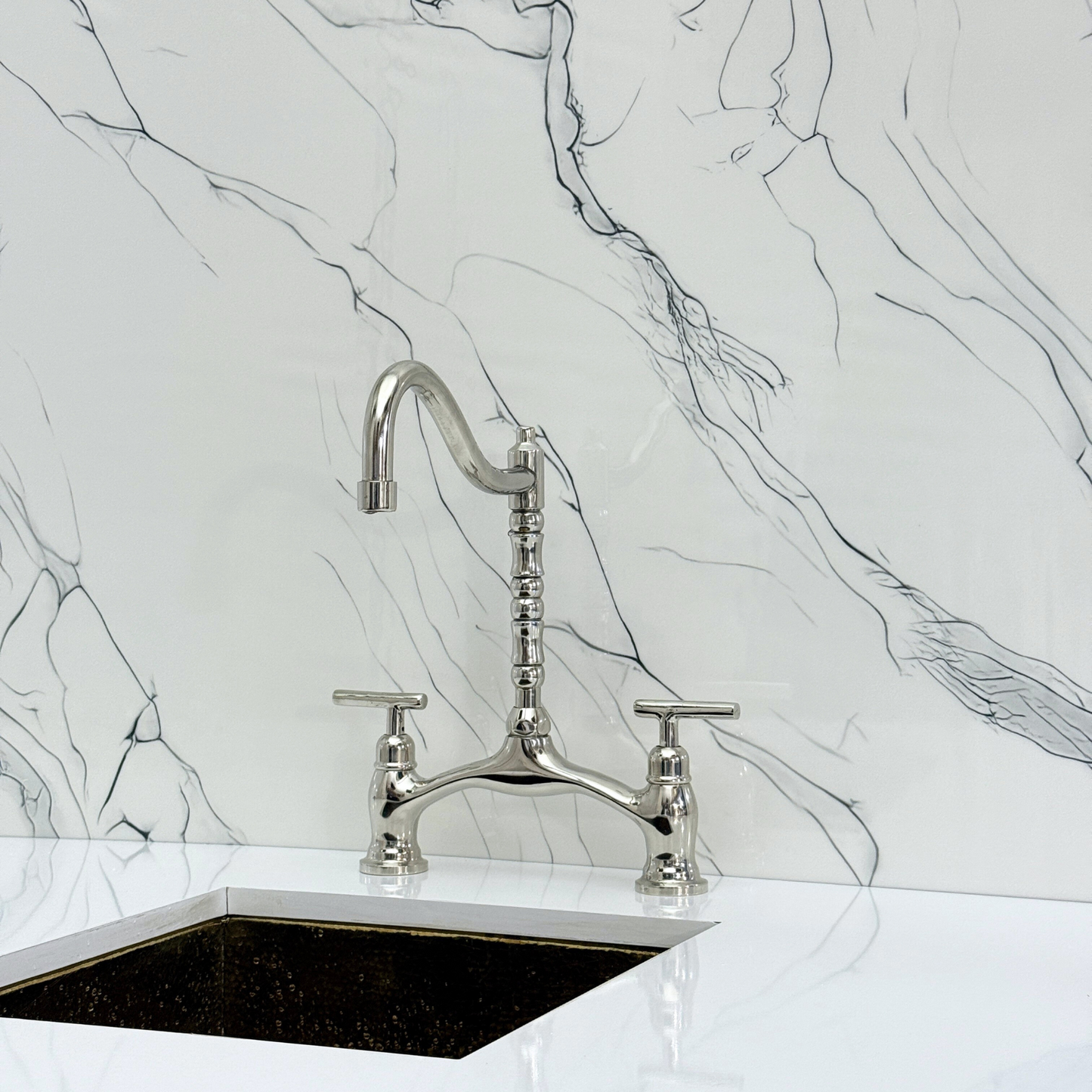 Polished Nickel Victorian Bridge Kitchen Faucet with Sprayer, Drinking Water Tap and Lever Handles