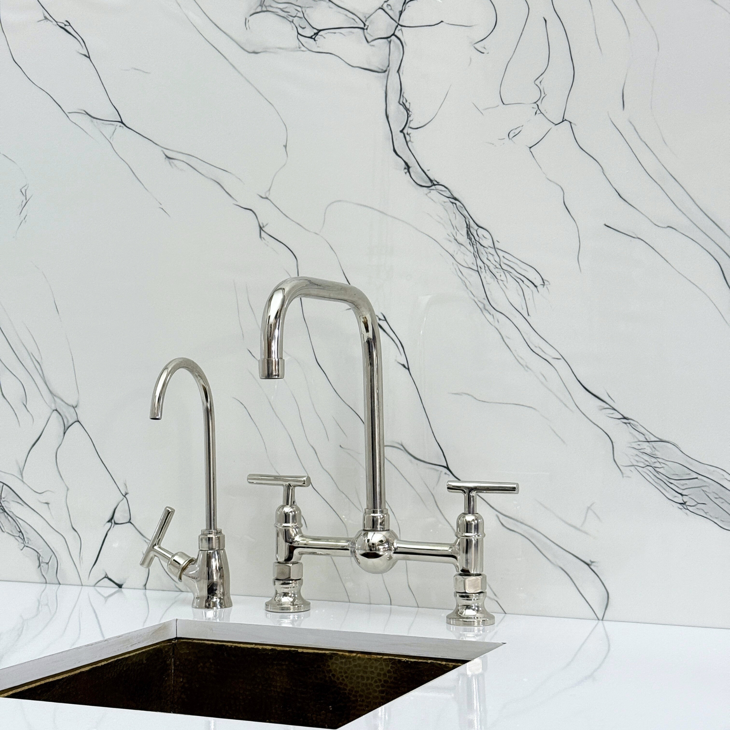 Polished Nickel Classic Bridge Faucet with Ball Center, Sprayer, Cold Water Faucet and Lever Handles