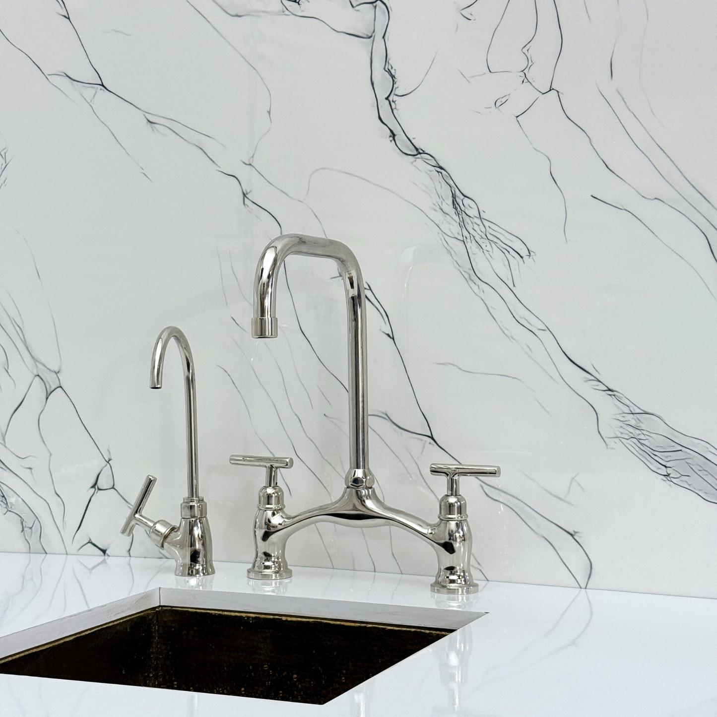 Polished Nickel Vintage Bridge Kitchen Faucet with Sprayer, Drinking Water Tap and Lever Handles
