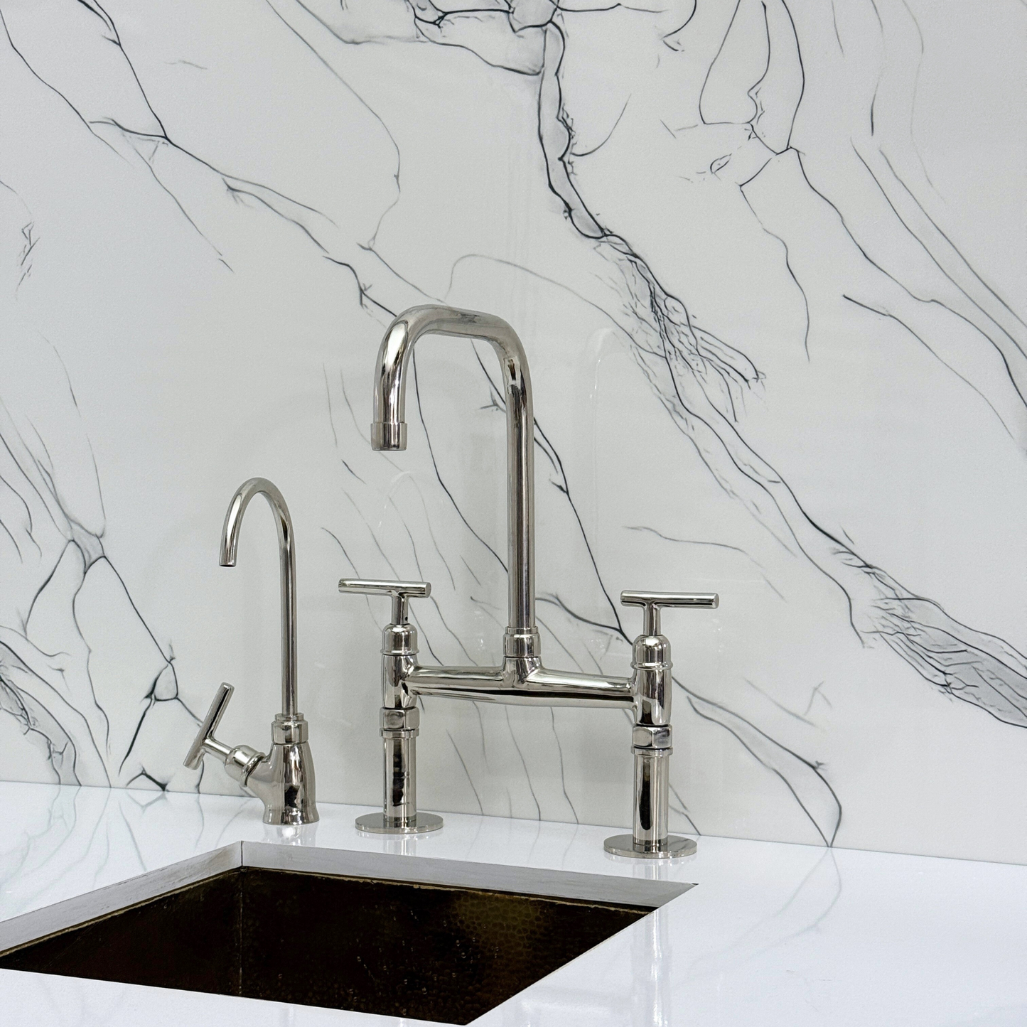 Polished Nickel Classic Bridge Faucet with Sprayer, Cold Water Faucet and Lever Handles