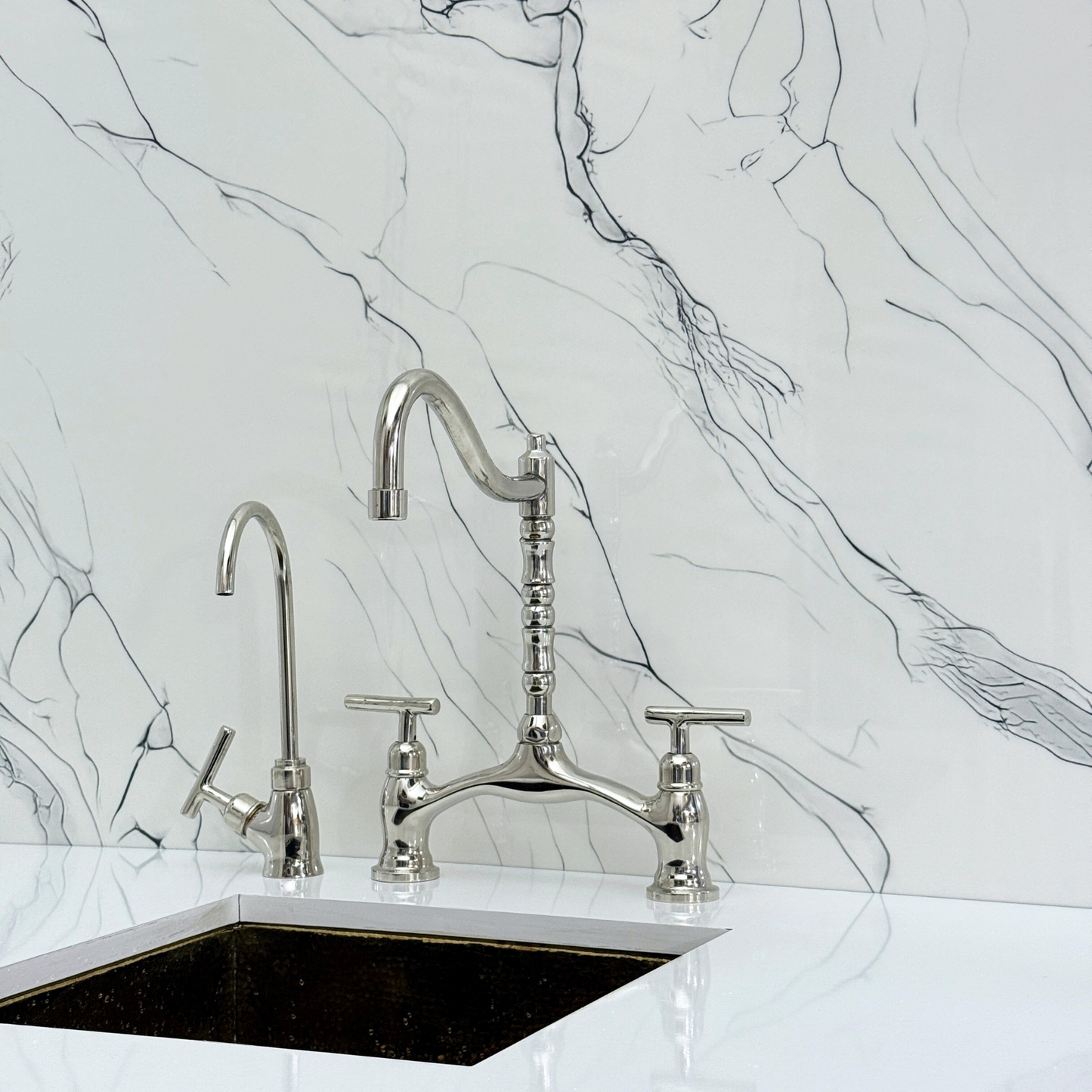 Polished Nickel Victorian Bridge Kitchen Faucet with Sprayer, Drinking Water Tap and Lever Handles
