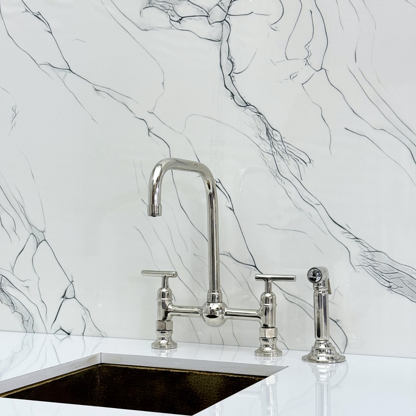 Polished Nickel Classic Bridge Faucet with Ball Center, Sprayer, Cold Water Faucet and Lever Handles