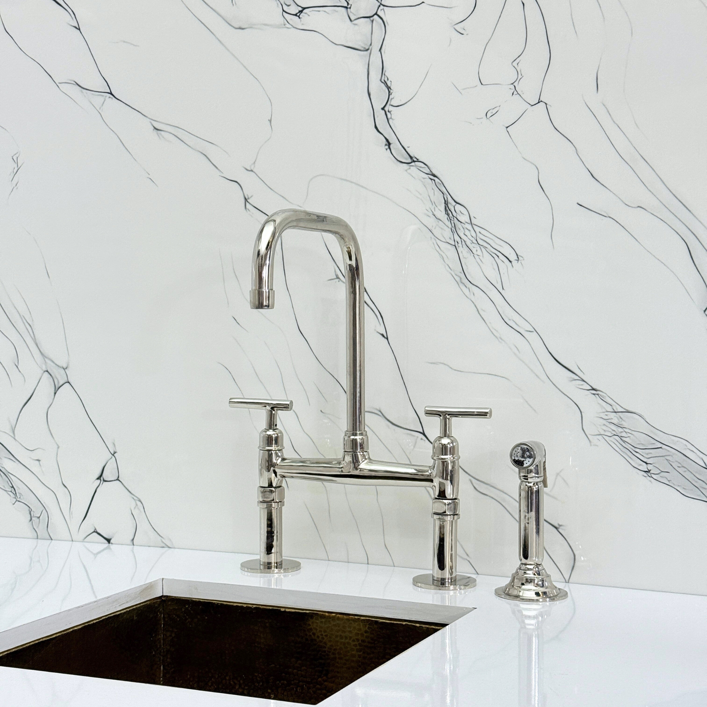 Polished Nickel Classic Bridge Faucet with Sprayer, Cold Water Faucet and Lever Handles