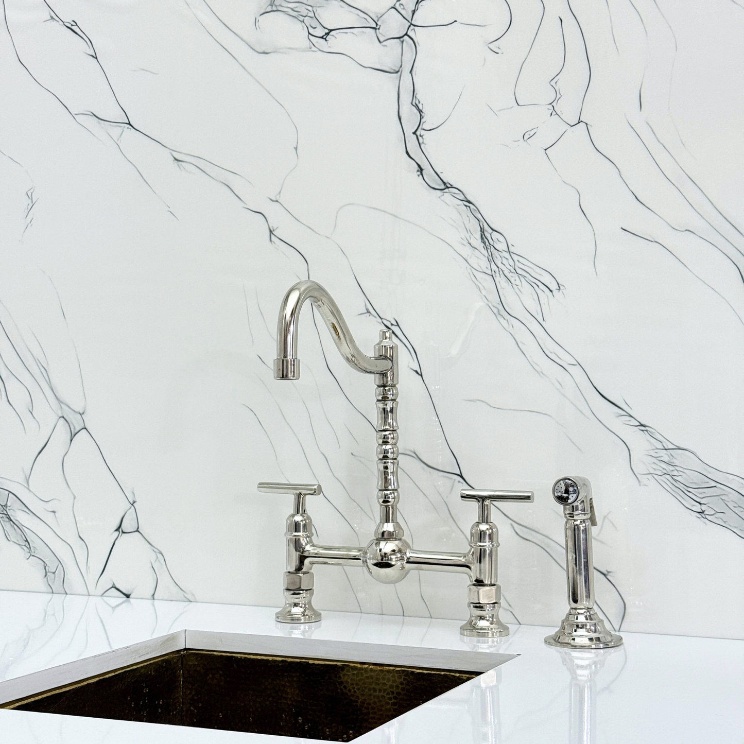 Polished Nickel Victorian Bridge Faucet with Ball Center, Sprayer, Cold Water Faucet, and Lever Handles